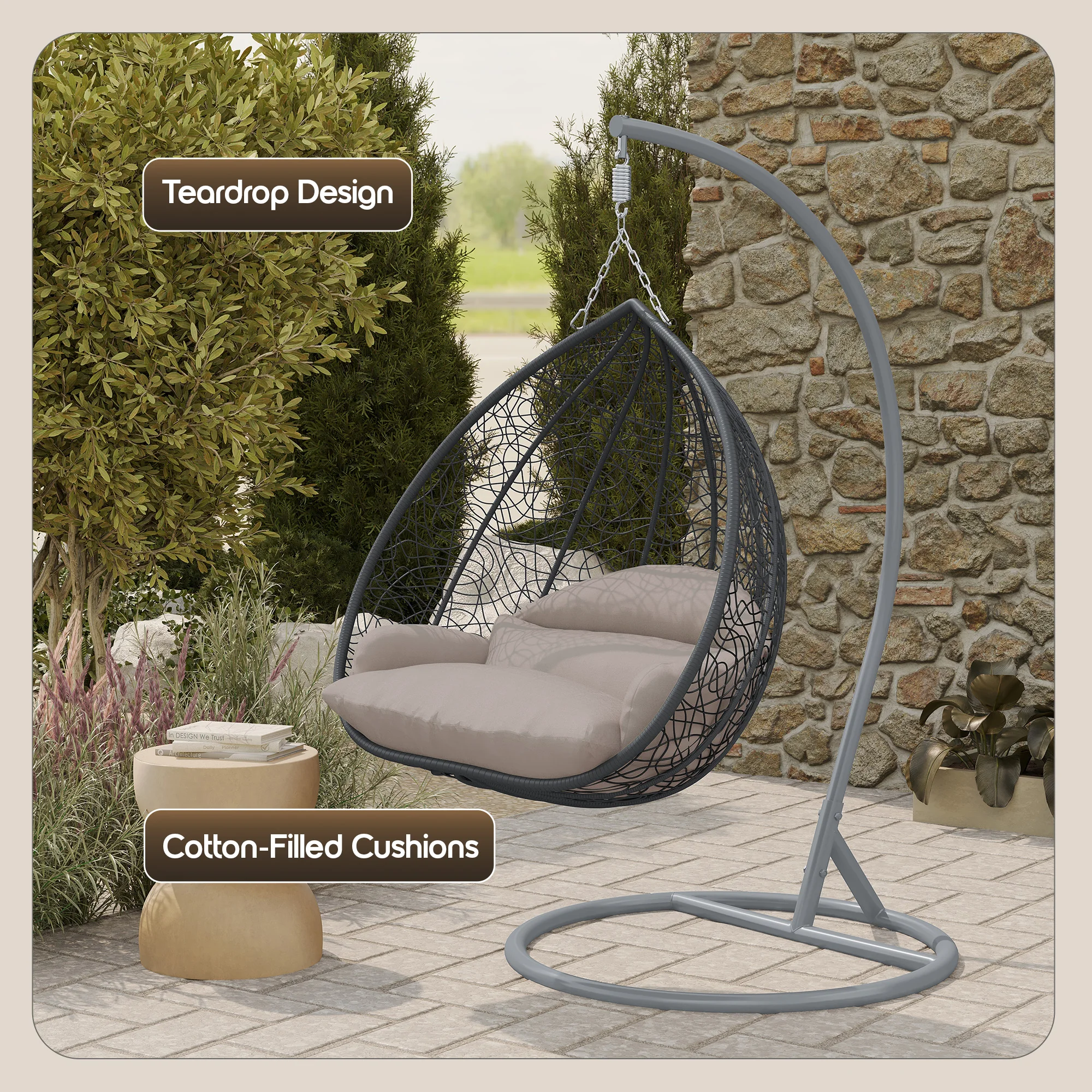 Recluse Collection Modern Outdoor Swing Chair Grey Frame with ES57 Beige Cushion