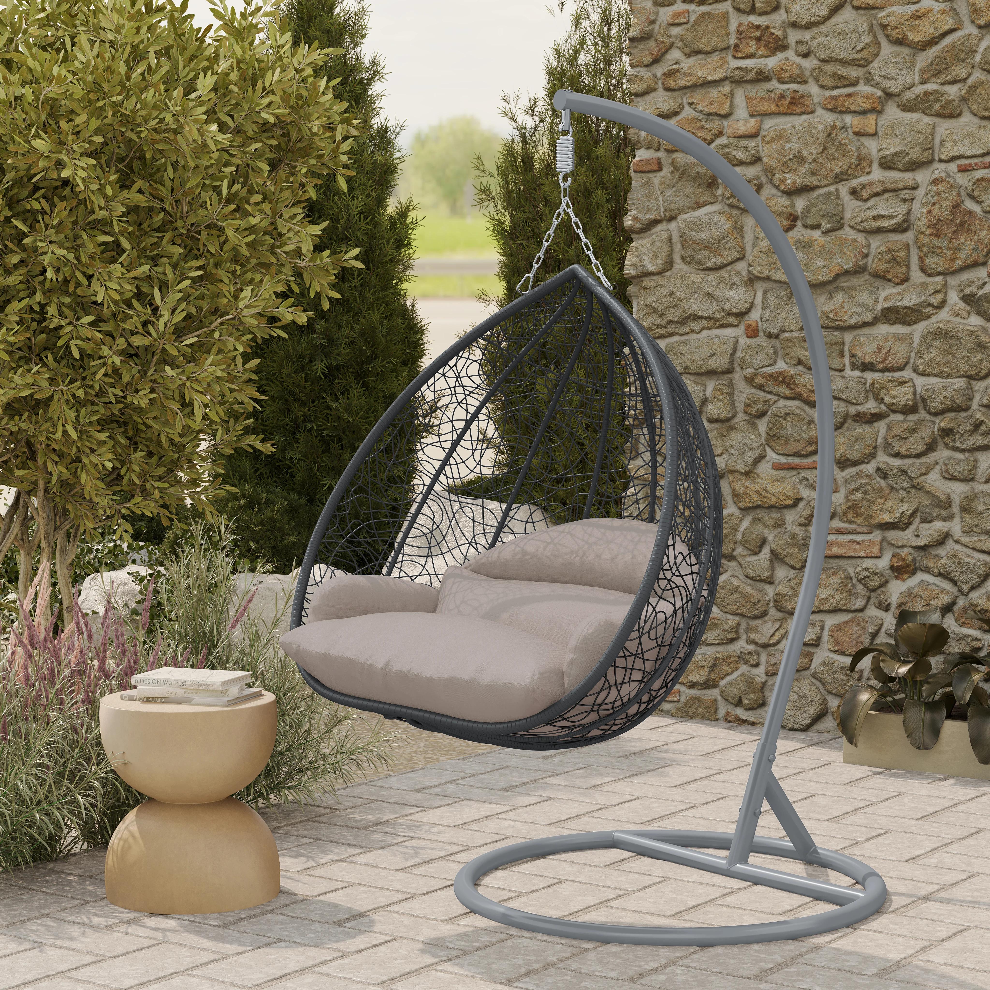 Recluse Collection Modern Outdoor Swing Chair Grey Frame with ES57 Beige Cushion