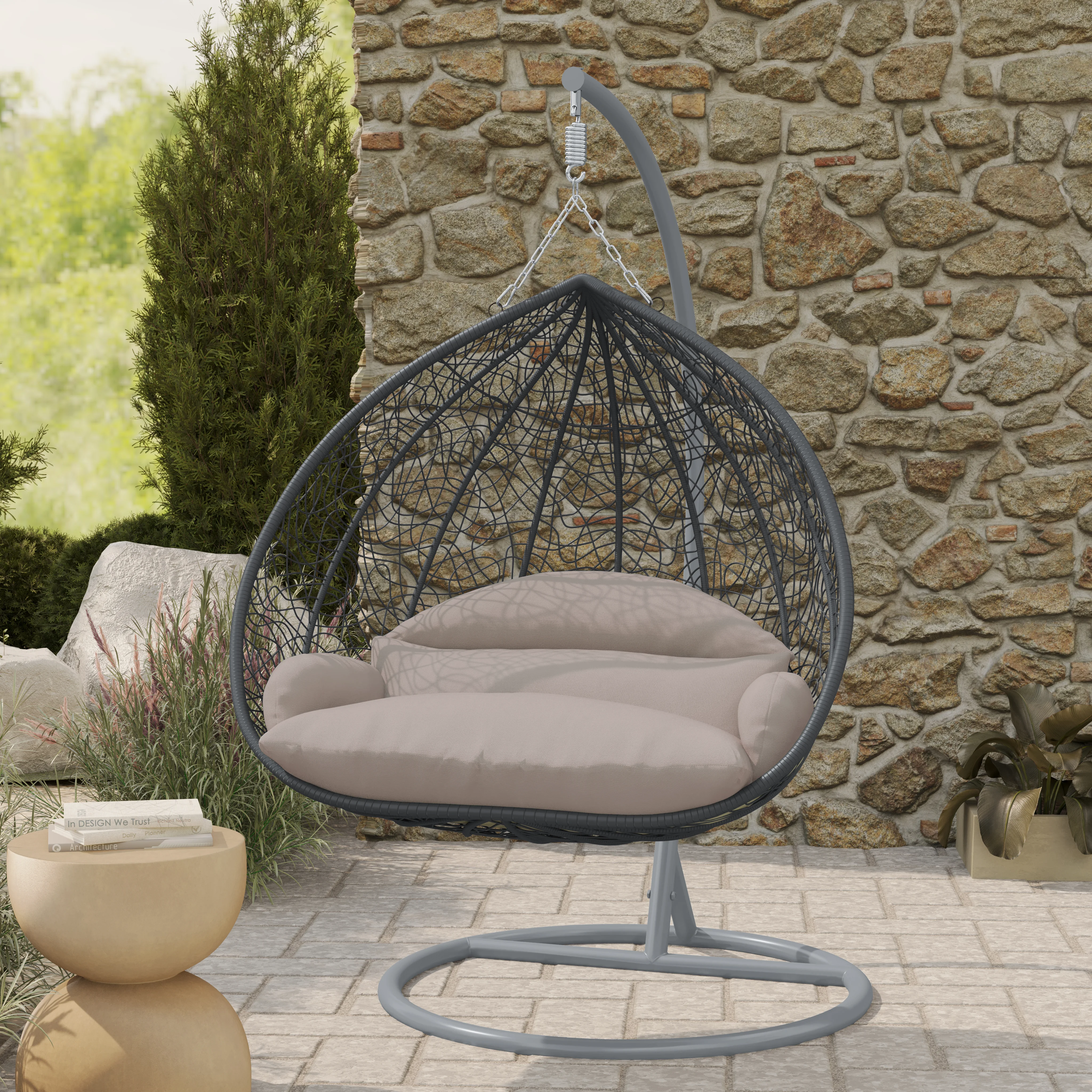 Recluse Collection Modern Outdoor Swing Chair Grey Frame with ES57 Beige Cushion