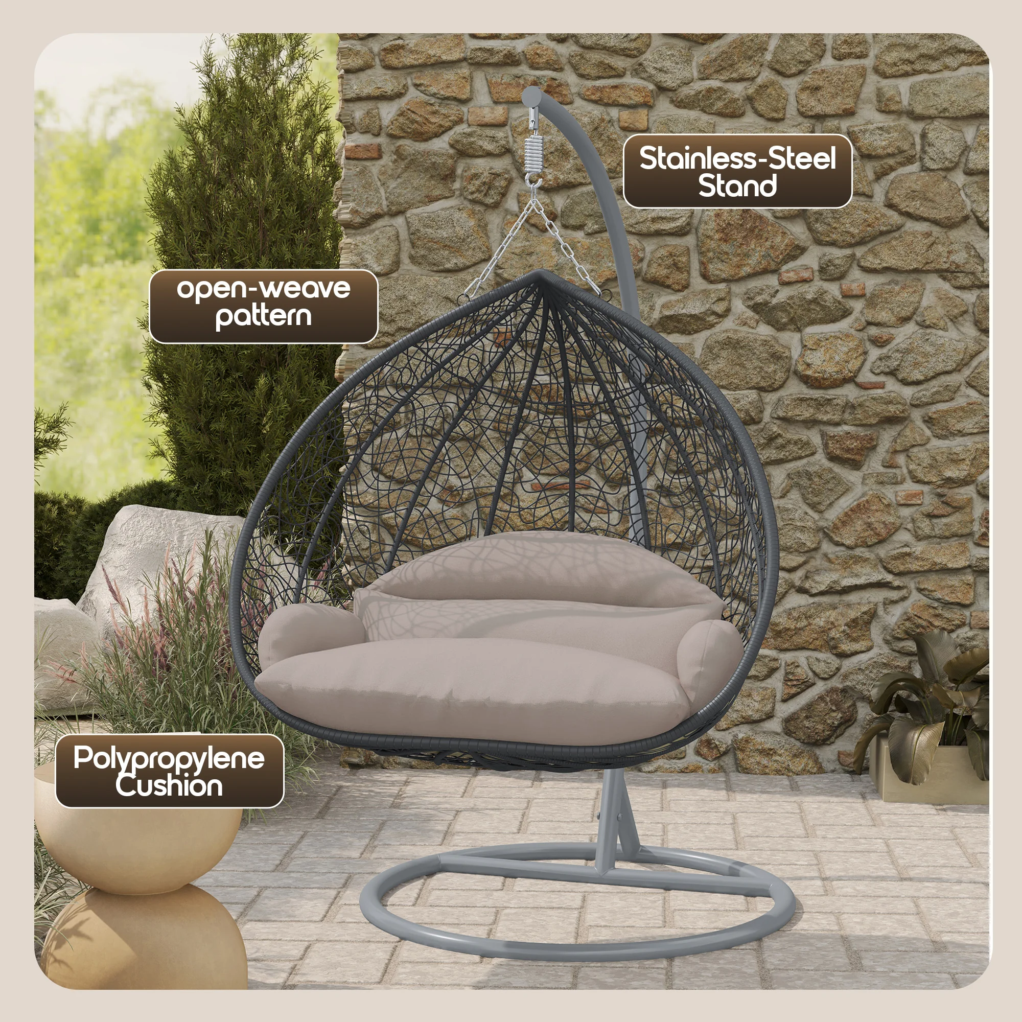 Recluse Collection Modern Outdoor Swing Chair Grey Frame with ES57 Beige Cushion