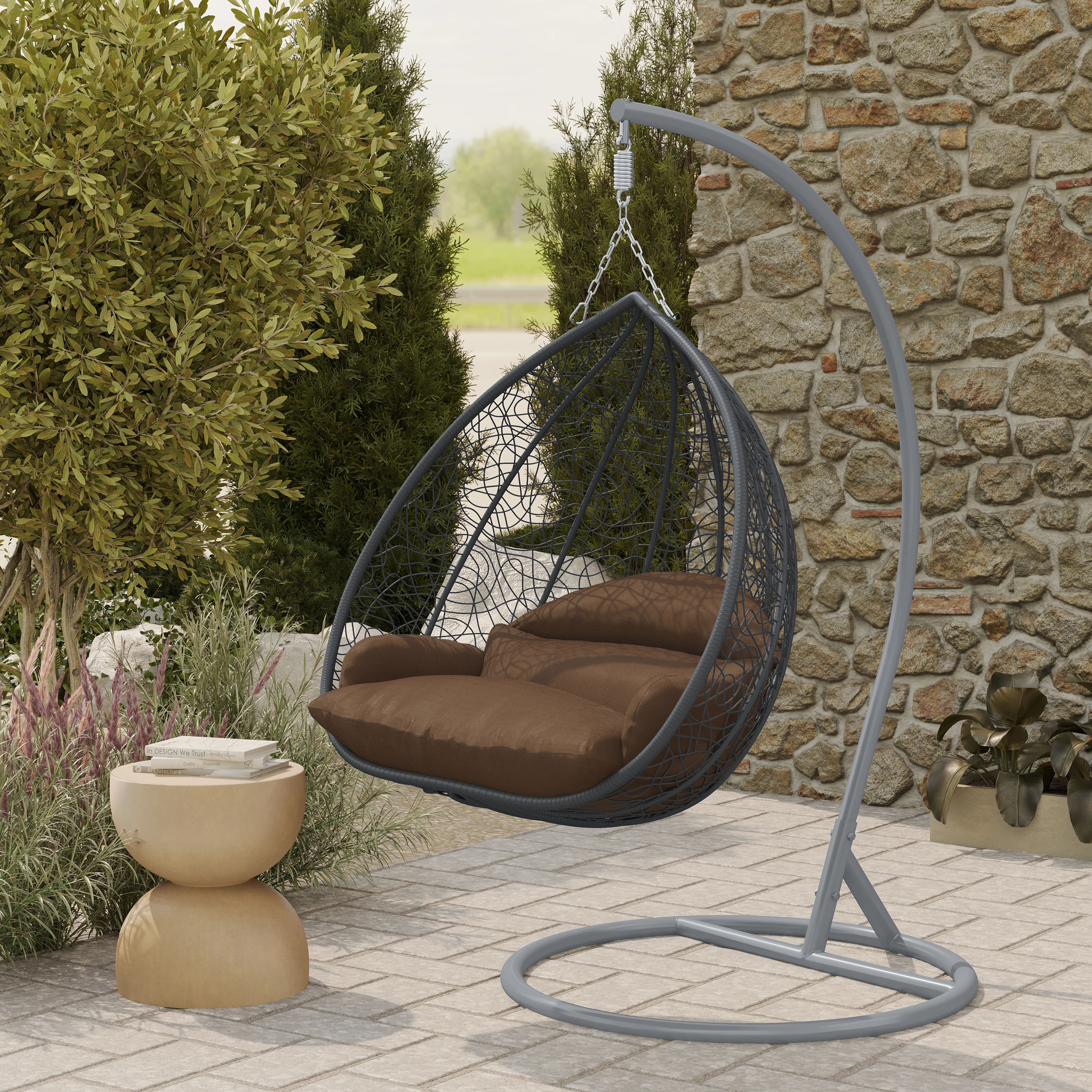 Recluse Collection Modern Outdoor Swing Chair Grey Frame with ES57 Brown Cushion