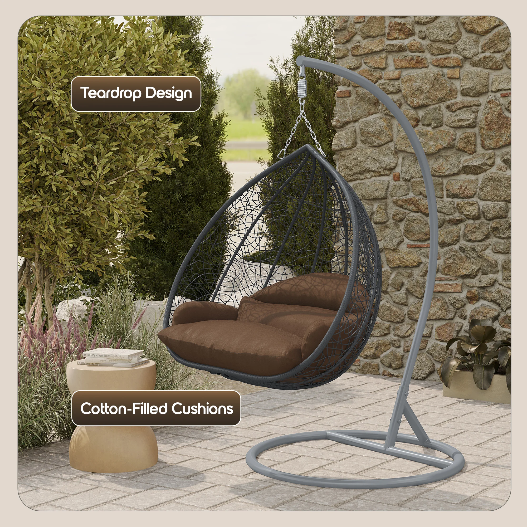 Recluse Collection Modern Outdoor Swing Chair Grey Frame with ES57 Brown Cushion