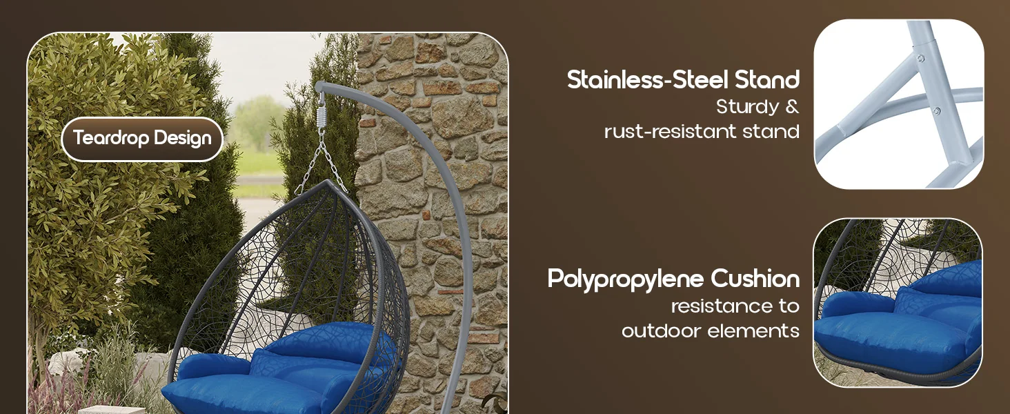 Recluse Collection Modern Outdoor Swing Chair Grey Frame with ES57 Blue Cushion