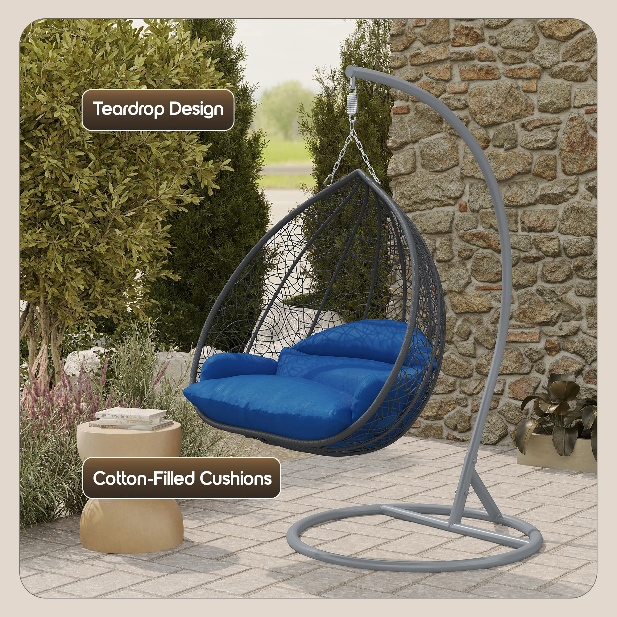 Recluse Collection Modern Outdoor Swing Chair Grey Frame with ES57 Blue Cushion