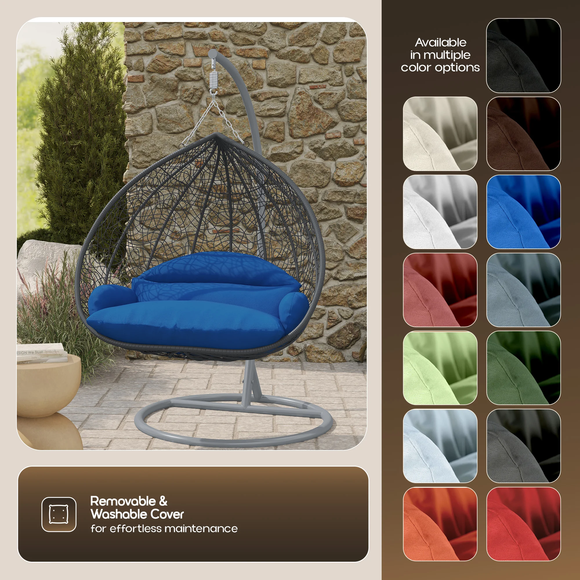 Recluse Collection Modern Outdoor Swing Chair Grey Frame with ES57 Blue Cushion