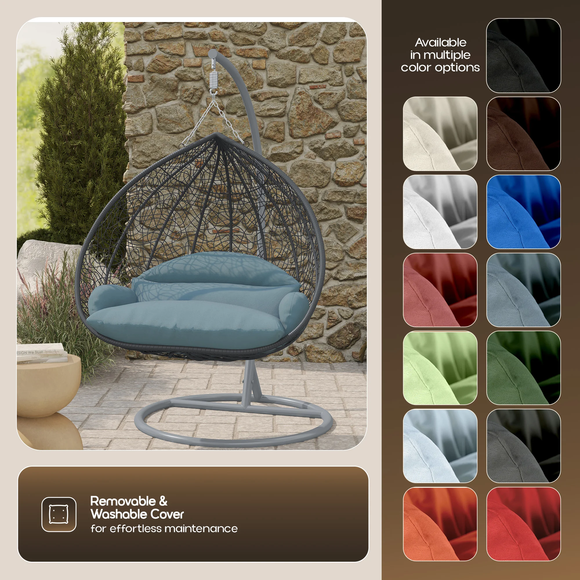Recluse Collection Modern Outdoor Swing Chair Grey Frame with ES57 Charcoal Blue Cushion