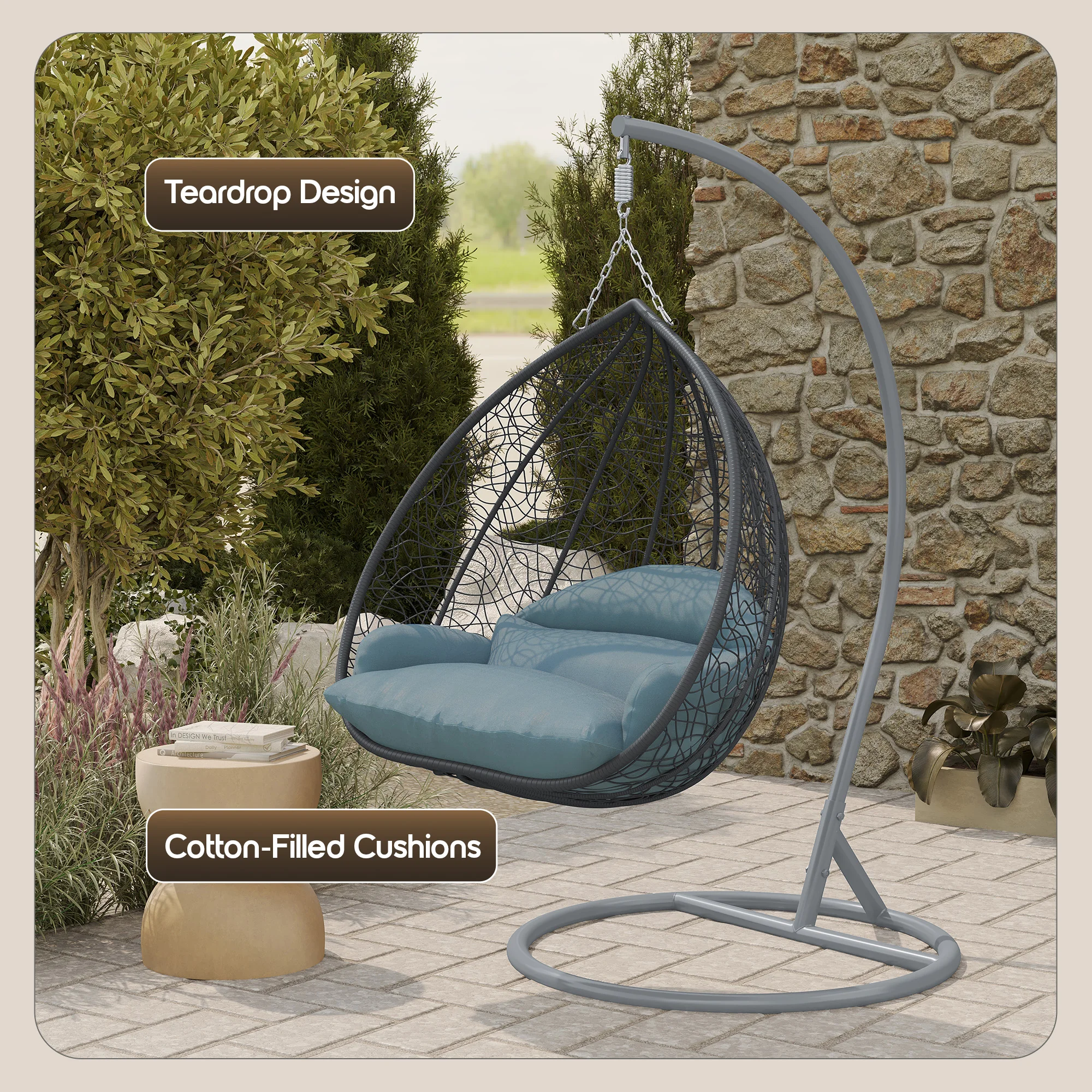 Recluse Collection Modern Outdoor Swing Chair Grey Frame with ES57 Charcoal Blue Cushion