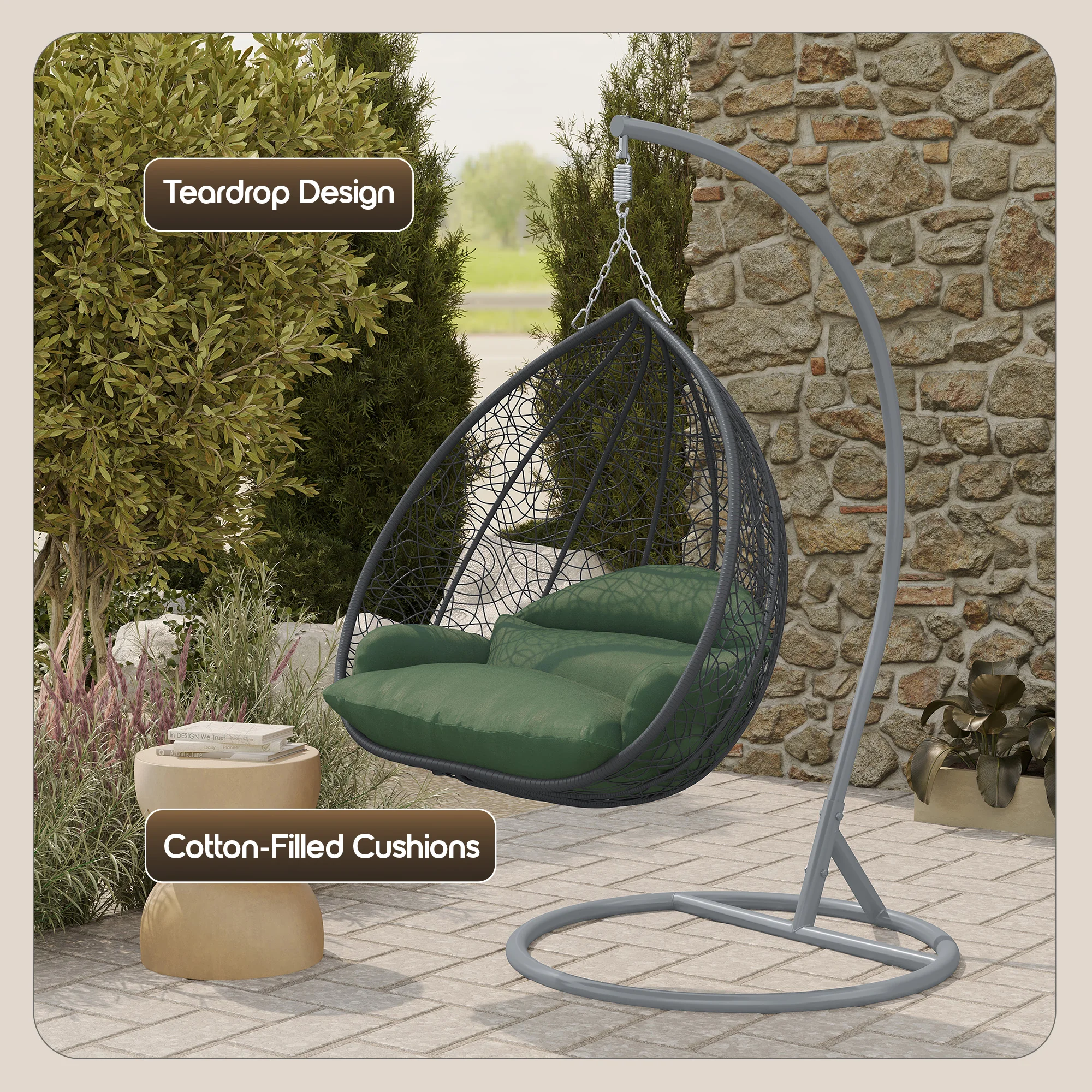Recluse Collection Modern Outdoor Swing Chair Grey Frame with ES57 Dark Green Cushion