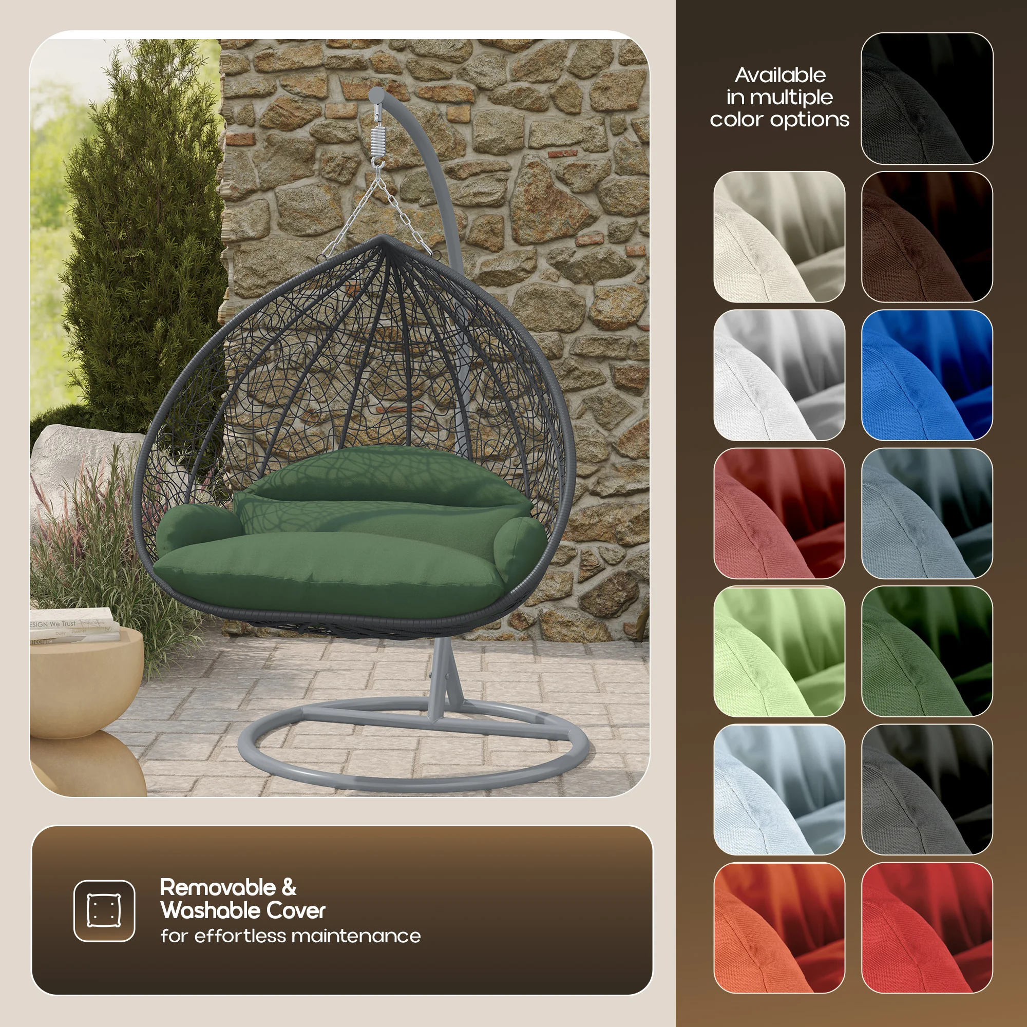 Recluse Collection Modern Outdoor Swing Chair Grey Frame with ES57 Dark Green Cushion