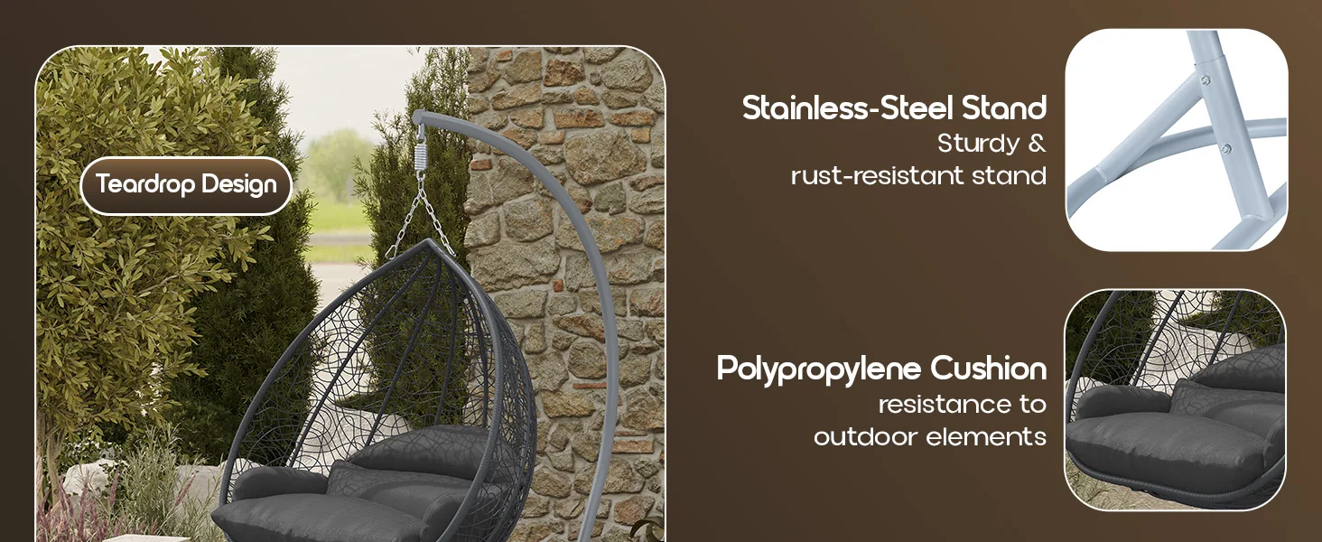 Recluse Collection Modern Outdoor Swing Chair Grey Frame with ES57 Dark Grey Cushion