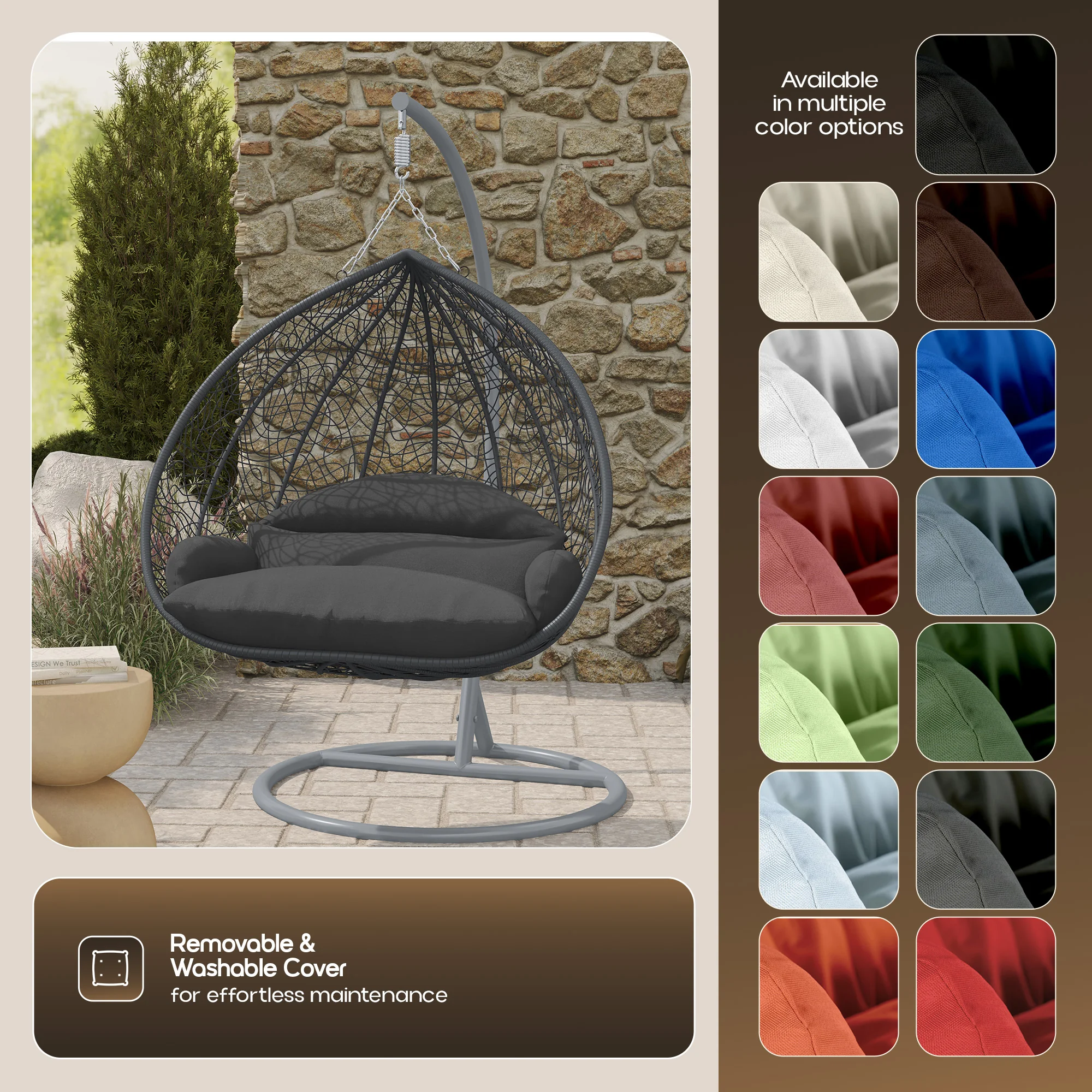 Recluse Collection Modern Outdoor Swing Chair Grey Frame with ES57 Dark Grey Cushion