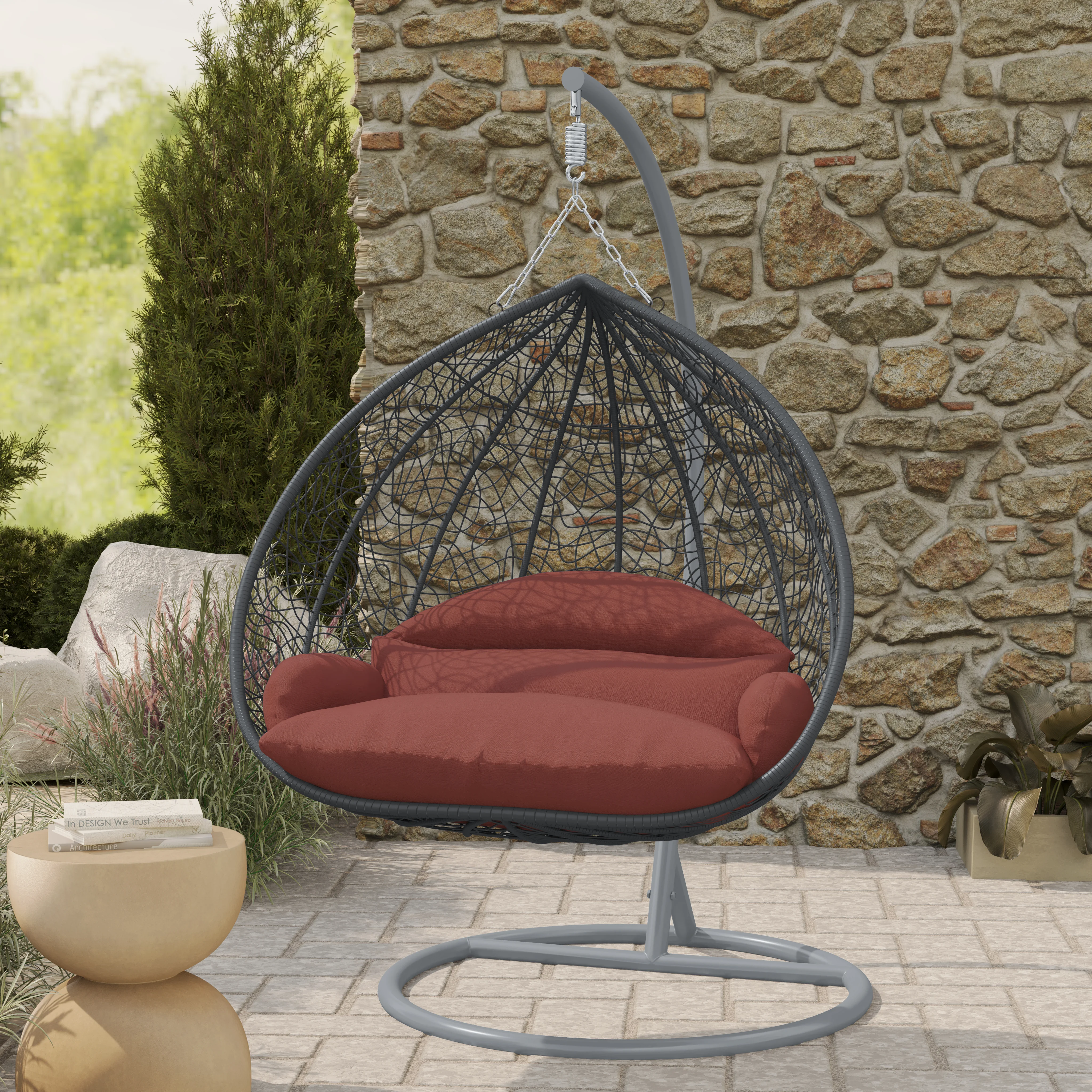 Recluse Collection Modern Outdoor Swing Chair Grey Frame with ES57 Dark Orange Cushion
