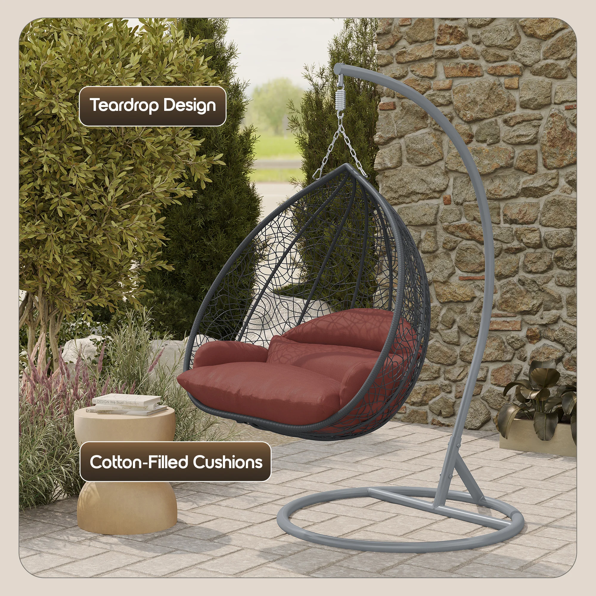 Recluse Collection Modern Outdoor Swing Chair Grey Frame with ES57 Dark Orange Cushion