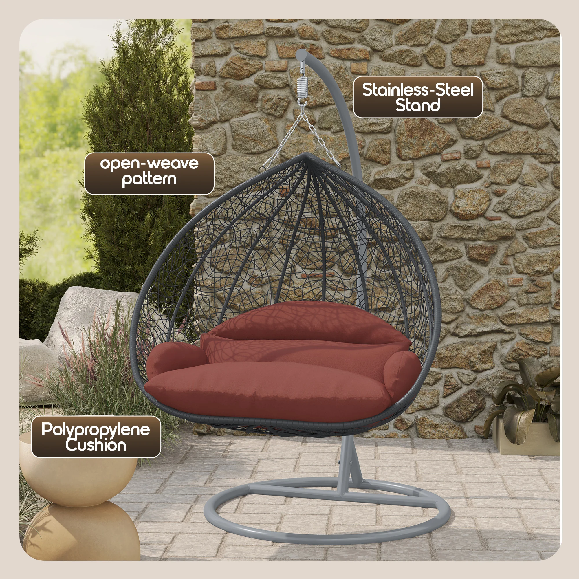 Recluse Collection Modern Outdoor Swing Chair Grey Frame with ES57 Dark Orange Cushion