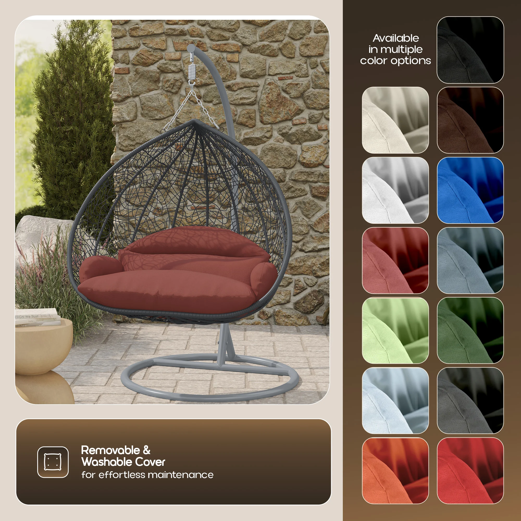 Recluse Collection Modern Outdoor Swing Chair Grey Frame with ES57 Dark Orange Cushion