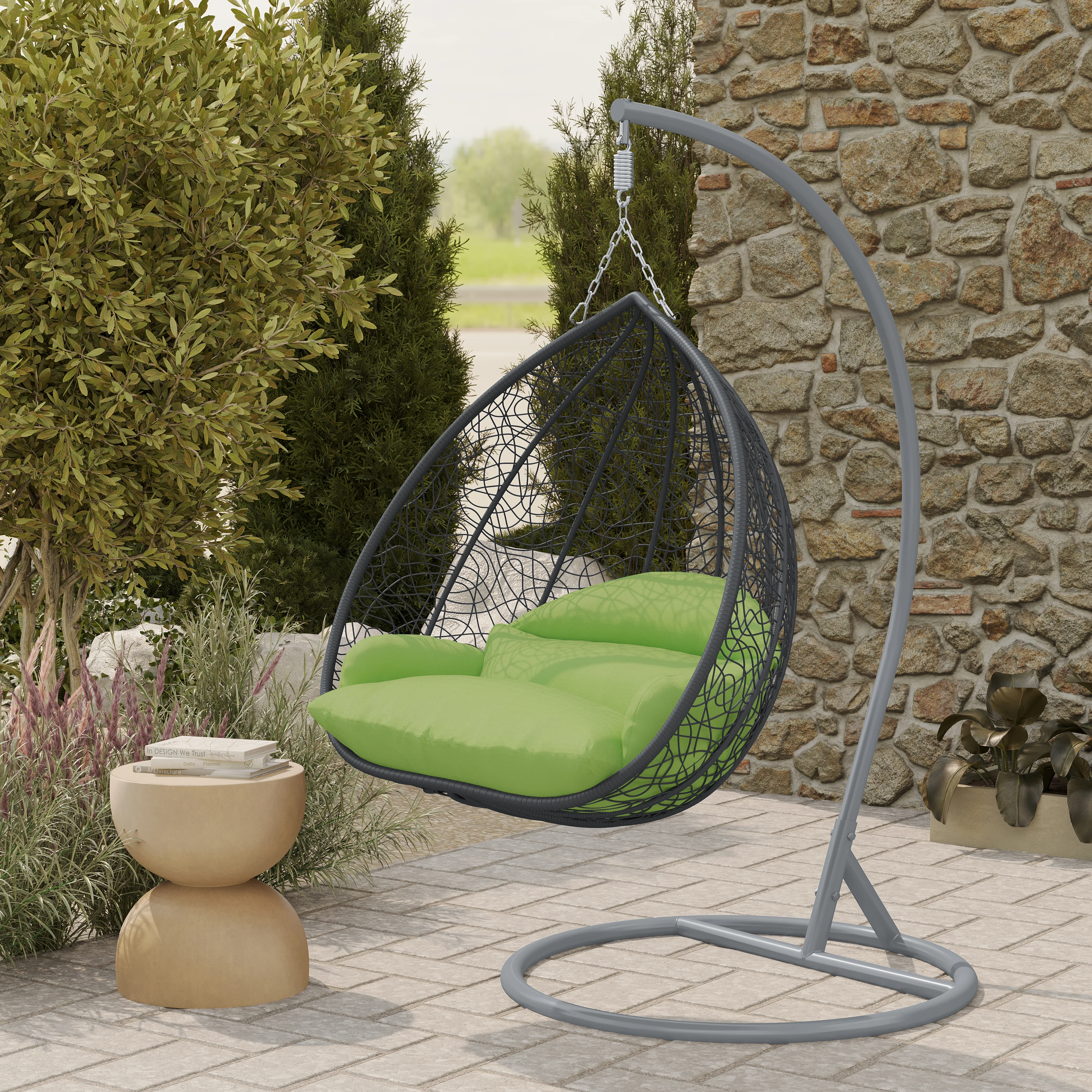 Recluse Collection Modern Outdoor Swing Chair Grey Frame with ES57 Light Green Cushion