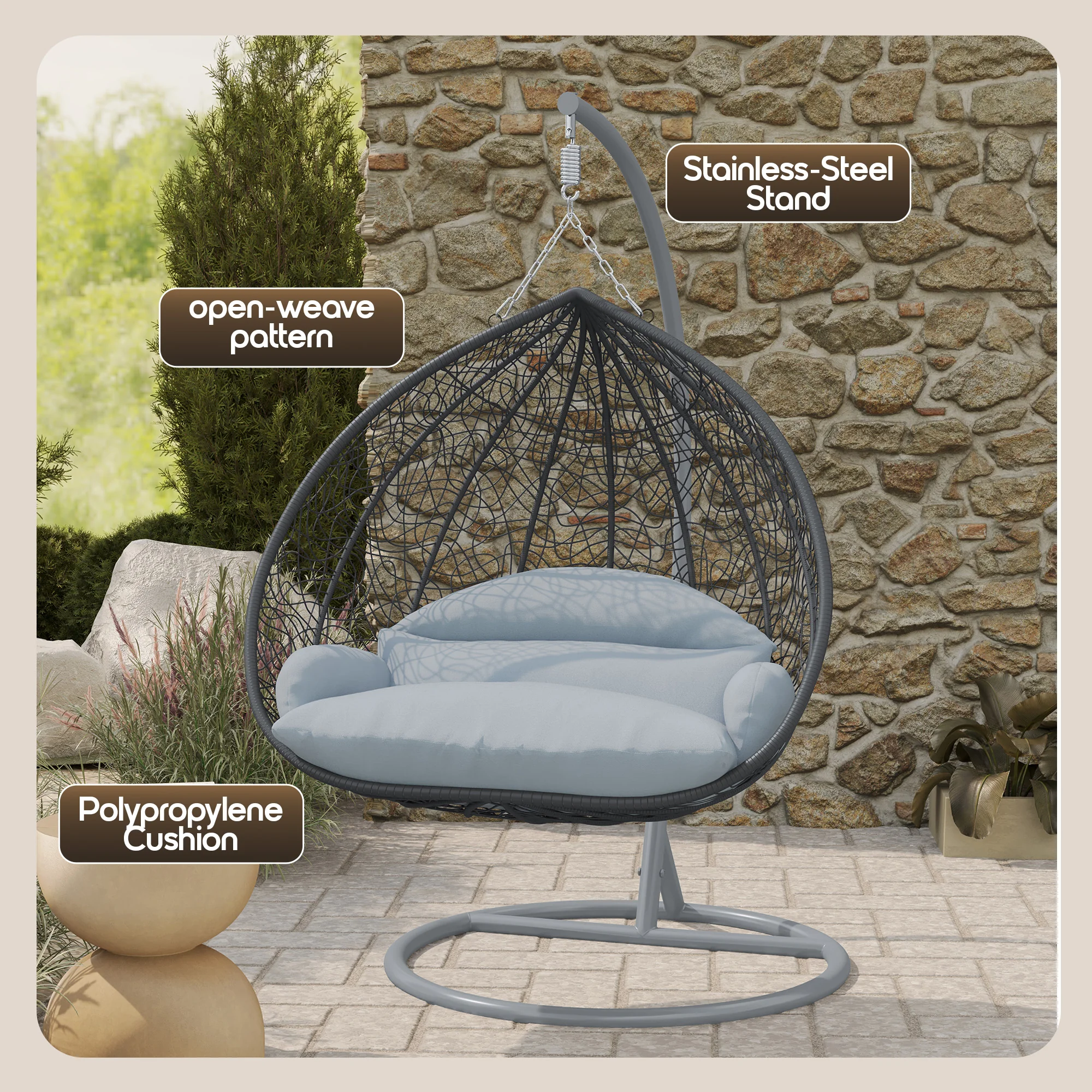 Recluse Collection Modern Outdoor Swing Chair Grey Frame with ES57 Light Grey Cushion