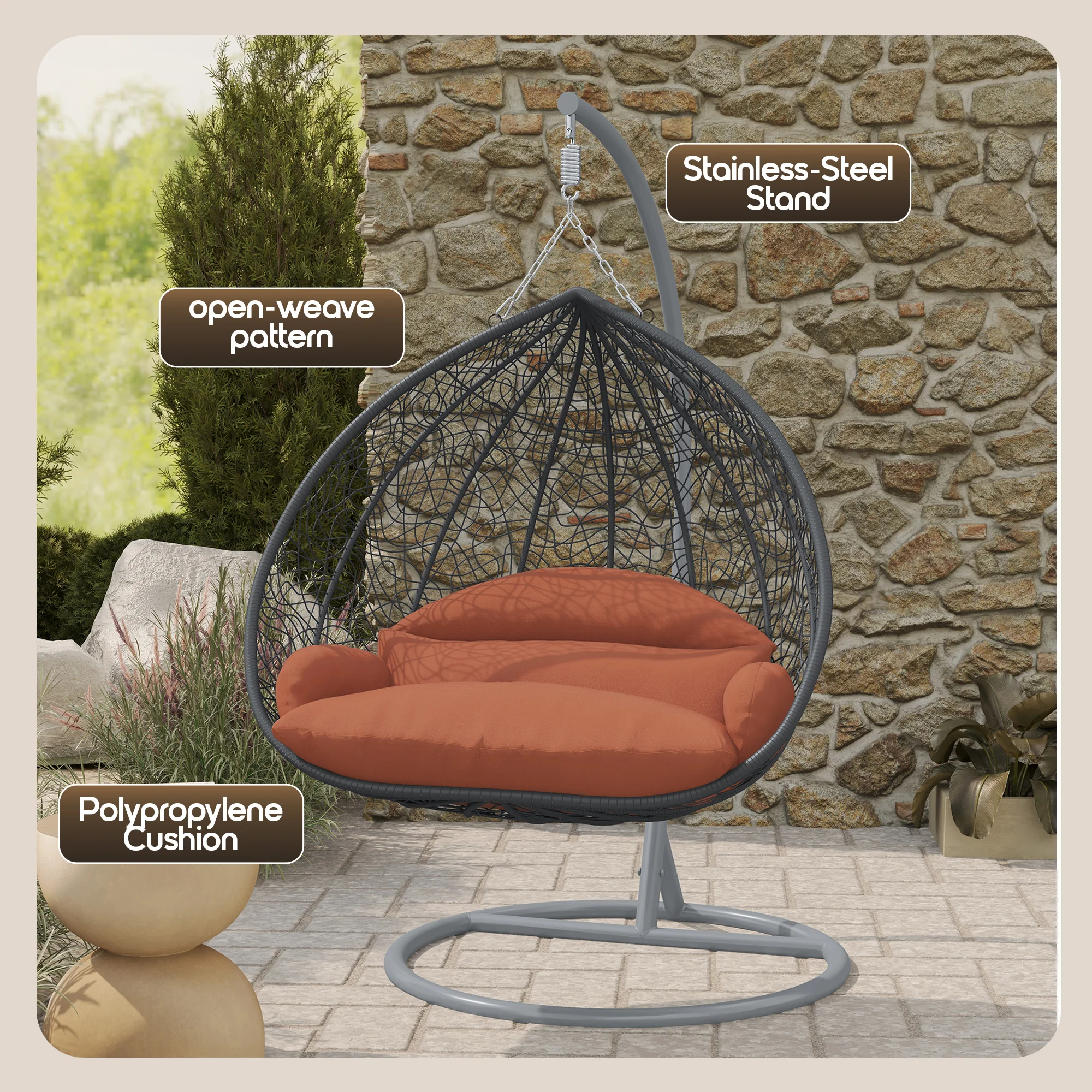 Recluse Collection Modern Outdoor Swing Chair Grey Frame with ES57 Orange Cushion