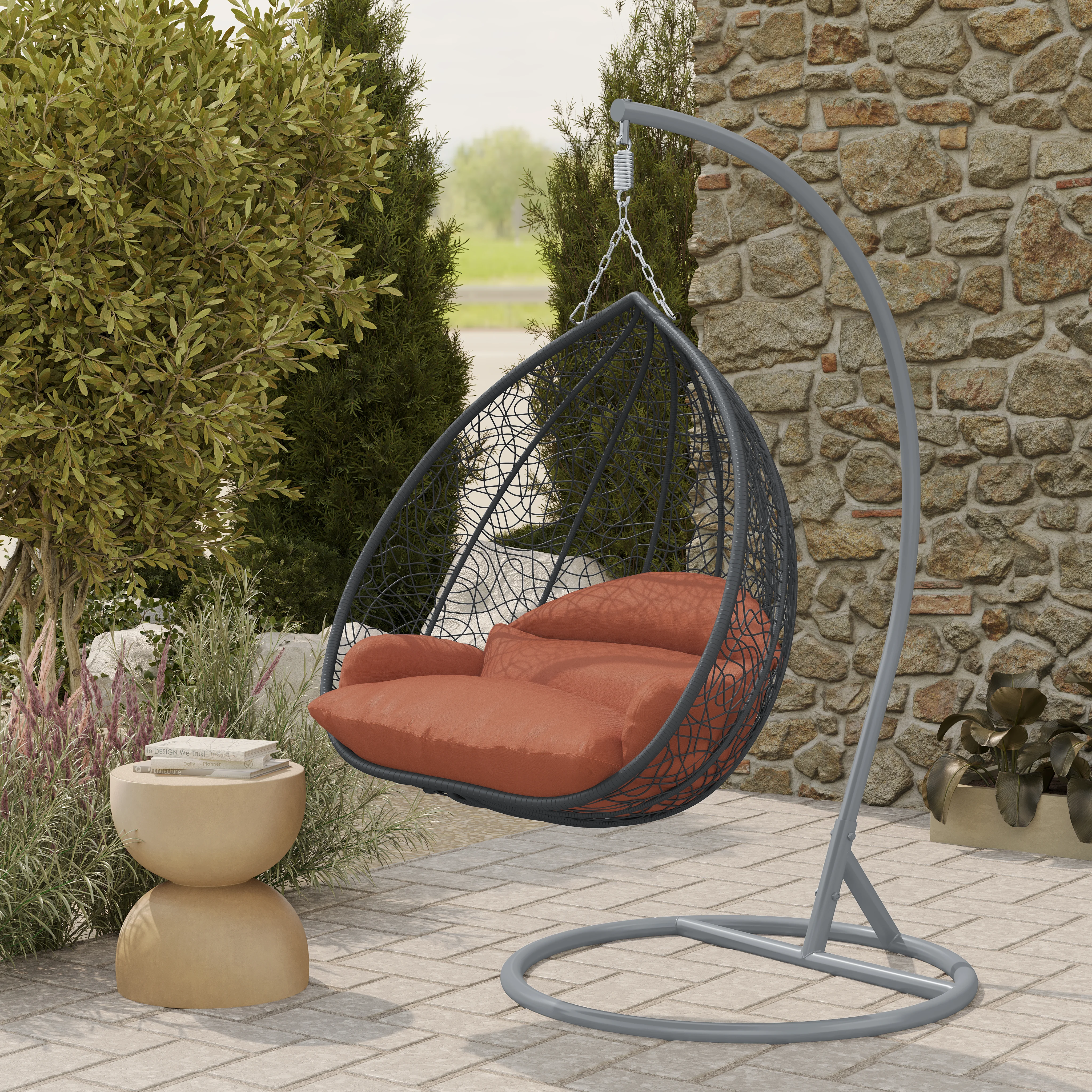 Recluse Collection Modern Outdoor Swing Chair Grey Frame with ES57 Orange Cushion