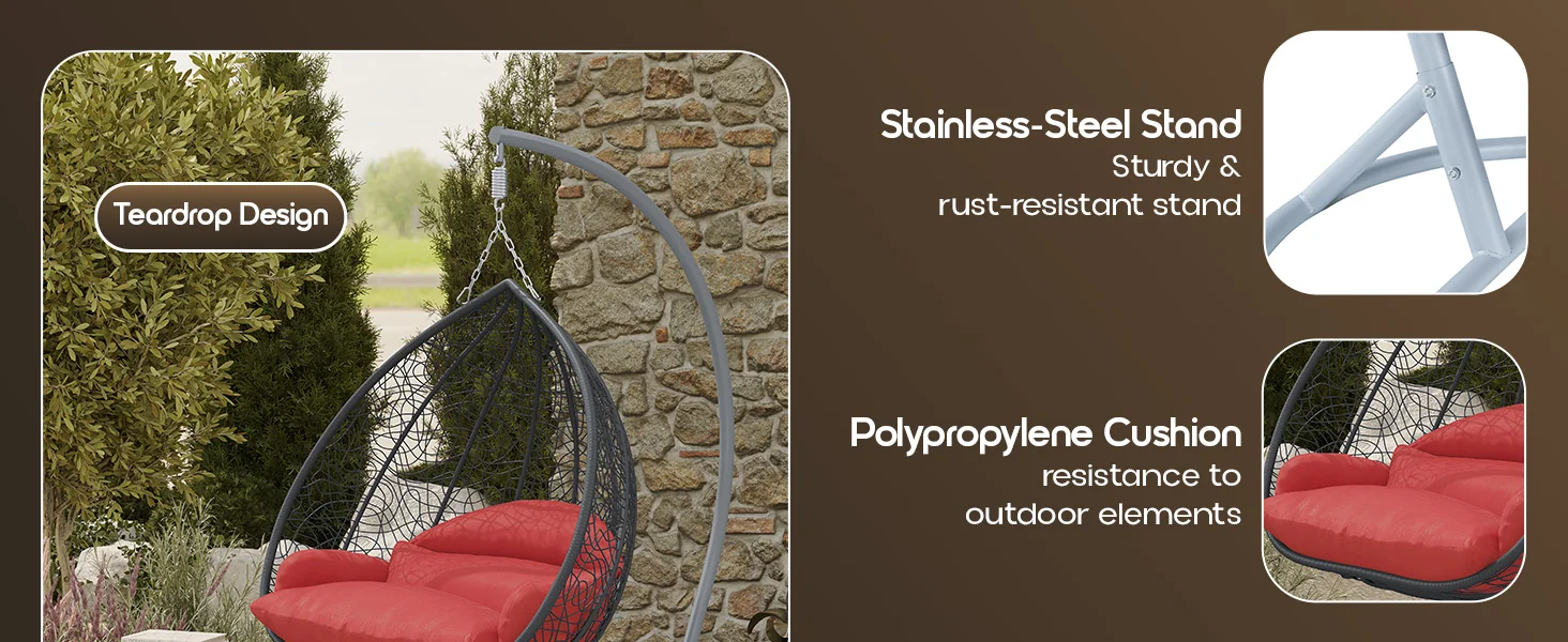 Recluse Collection Modern Outdoor Swing Chair Grey Frame with ES57 Red Cushion