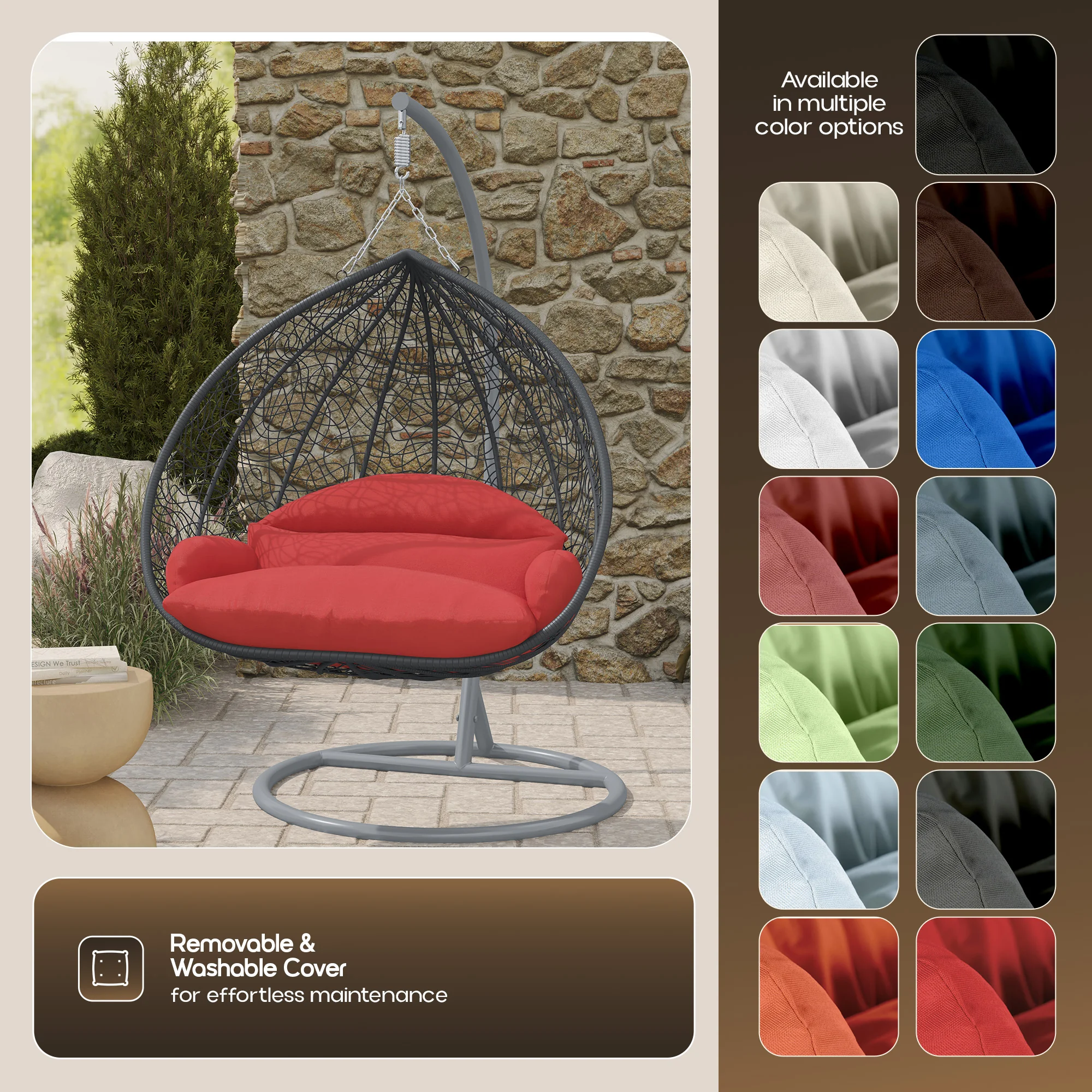 Recluse Collection Modern Outdoor Swing Chair Grey Frame with ES57 Red Cushion