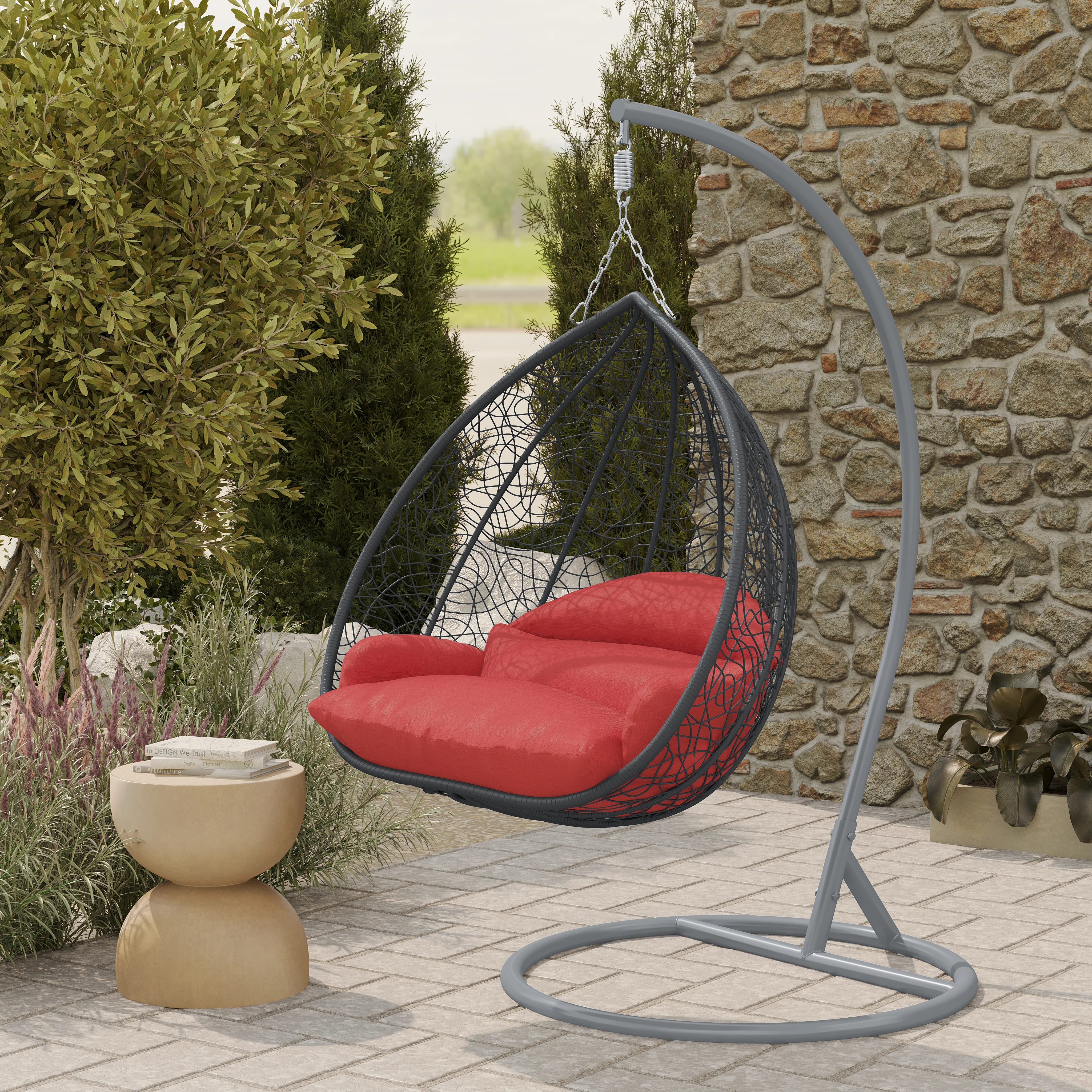 Recluse Collection Modern Outdoor Swing Chair Grey Frame with ES57 Red Cushion