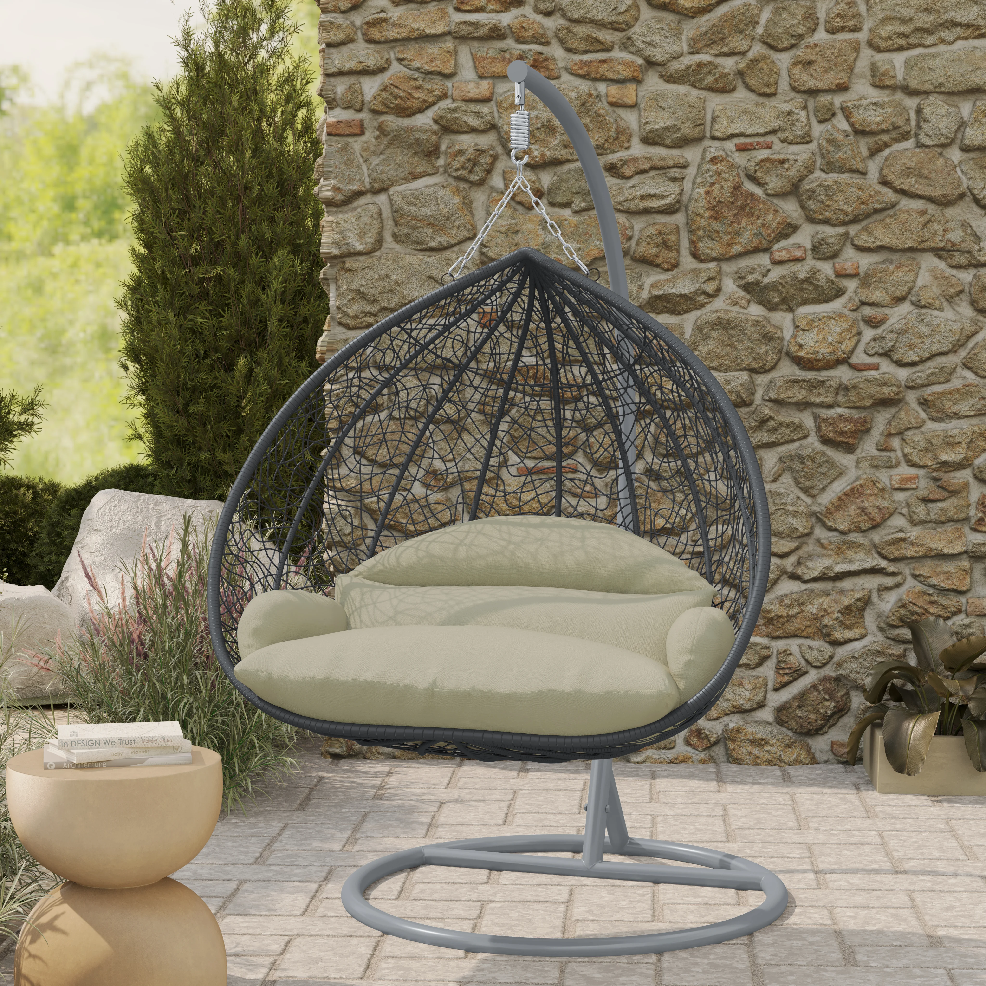 Recluse Collection Modern Outdoor Swing Chair Grey Frame with ES57 Taupe Cushion