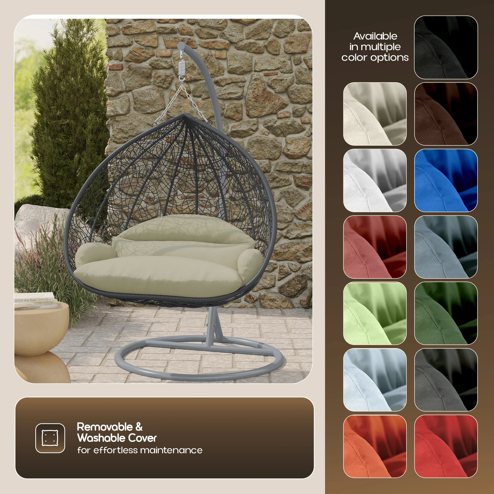 Recluse Collection Modern Outdoor Swing Chair Grey Frame with ES57 Taupe Cushion
