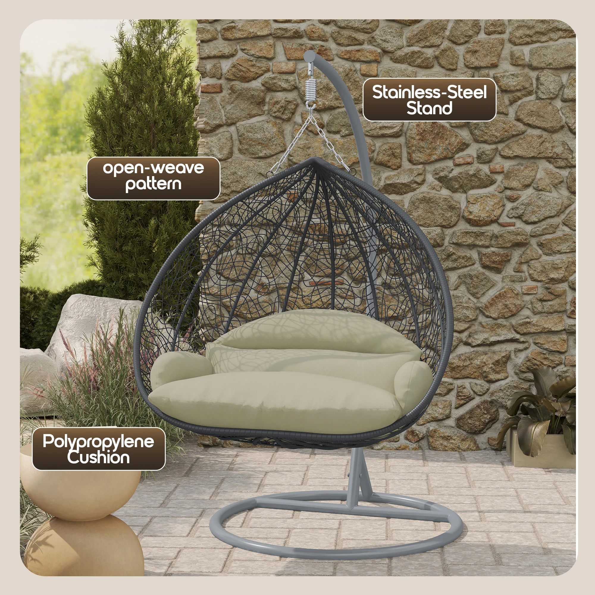 Recluse Collection Modern Outdoor Swing Chair Grey Frame with ES57 Taupe Cushion