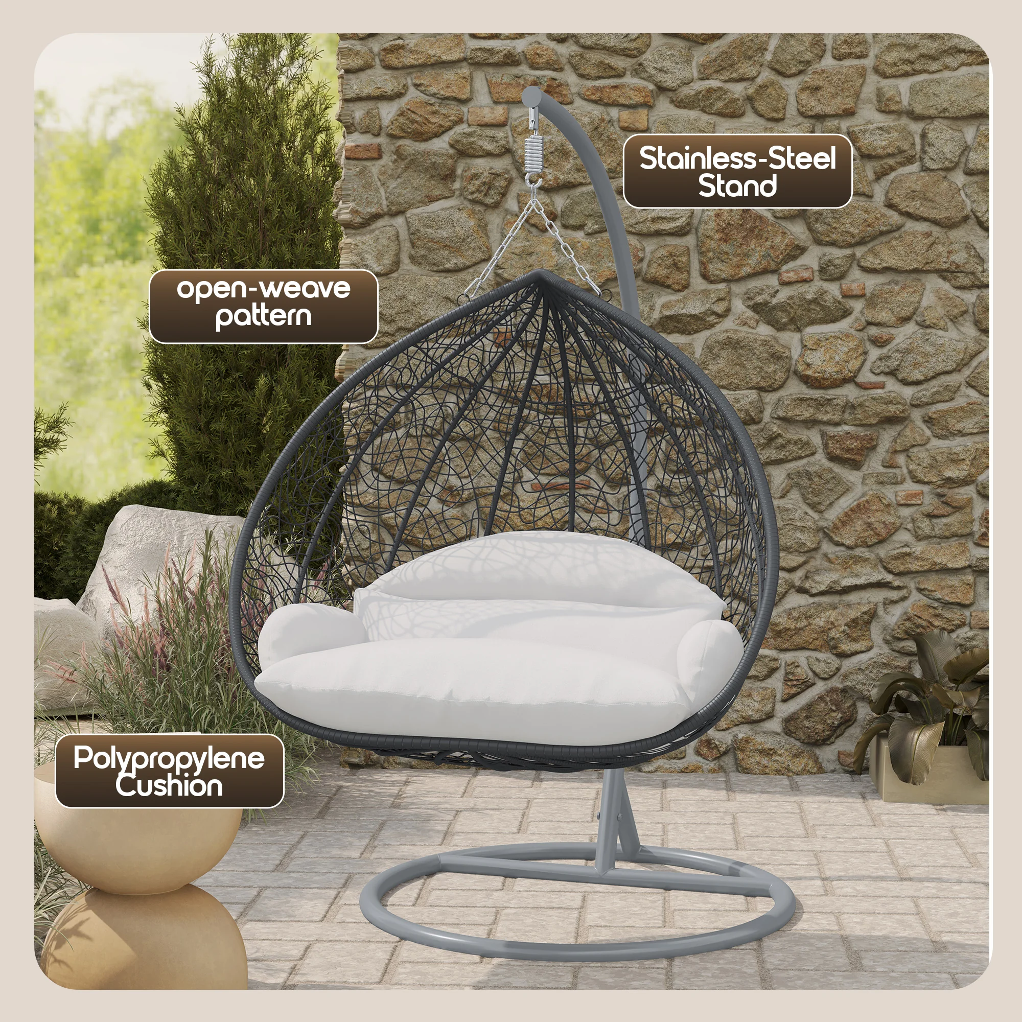 Recluse Collection Modern Outdoor Swing Chair Grey Frame with ES57 White Cushion