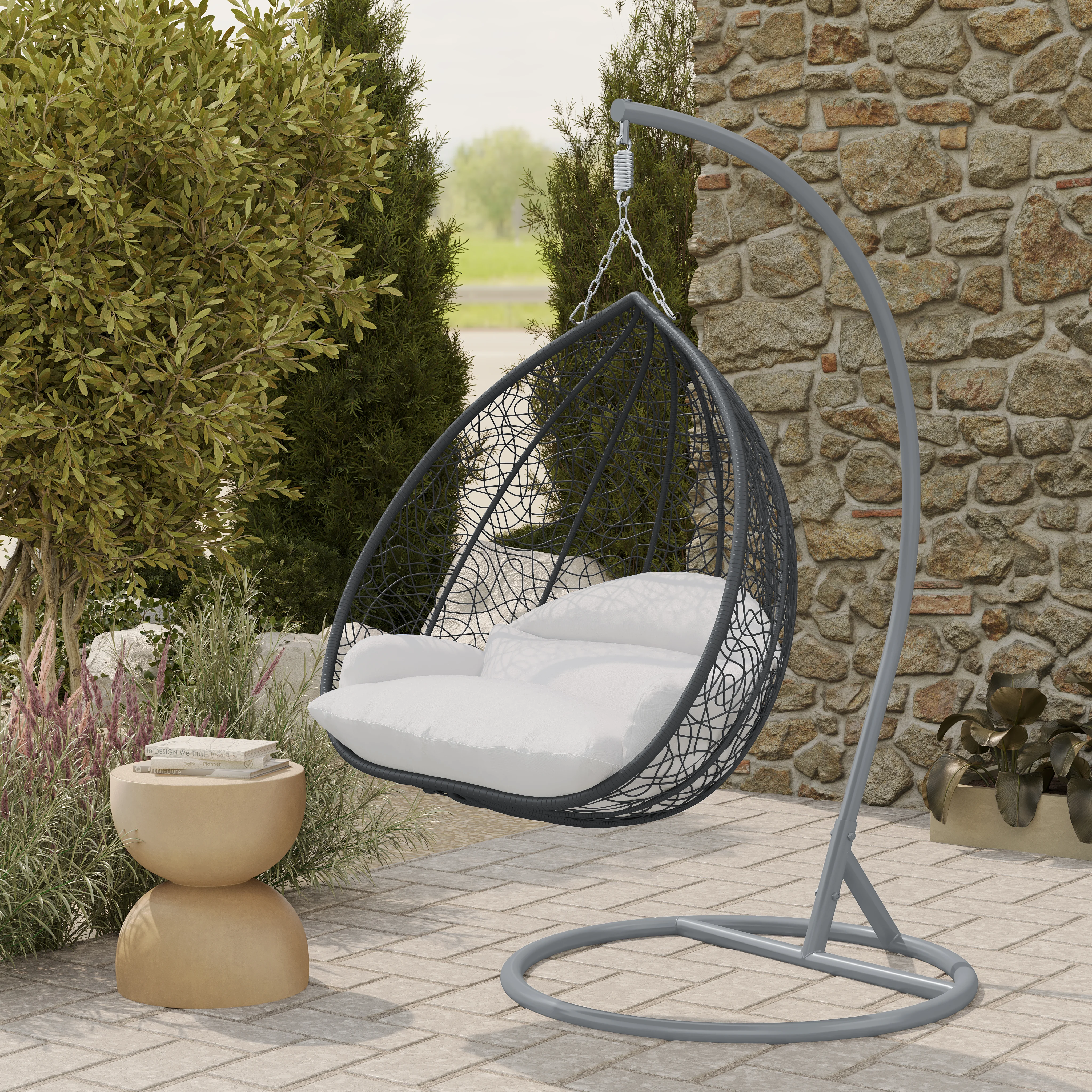 Recluse Collection Modern Outdoor Swing Chair Grey Frame with ES57 White Cushion
