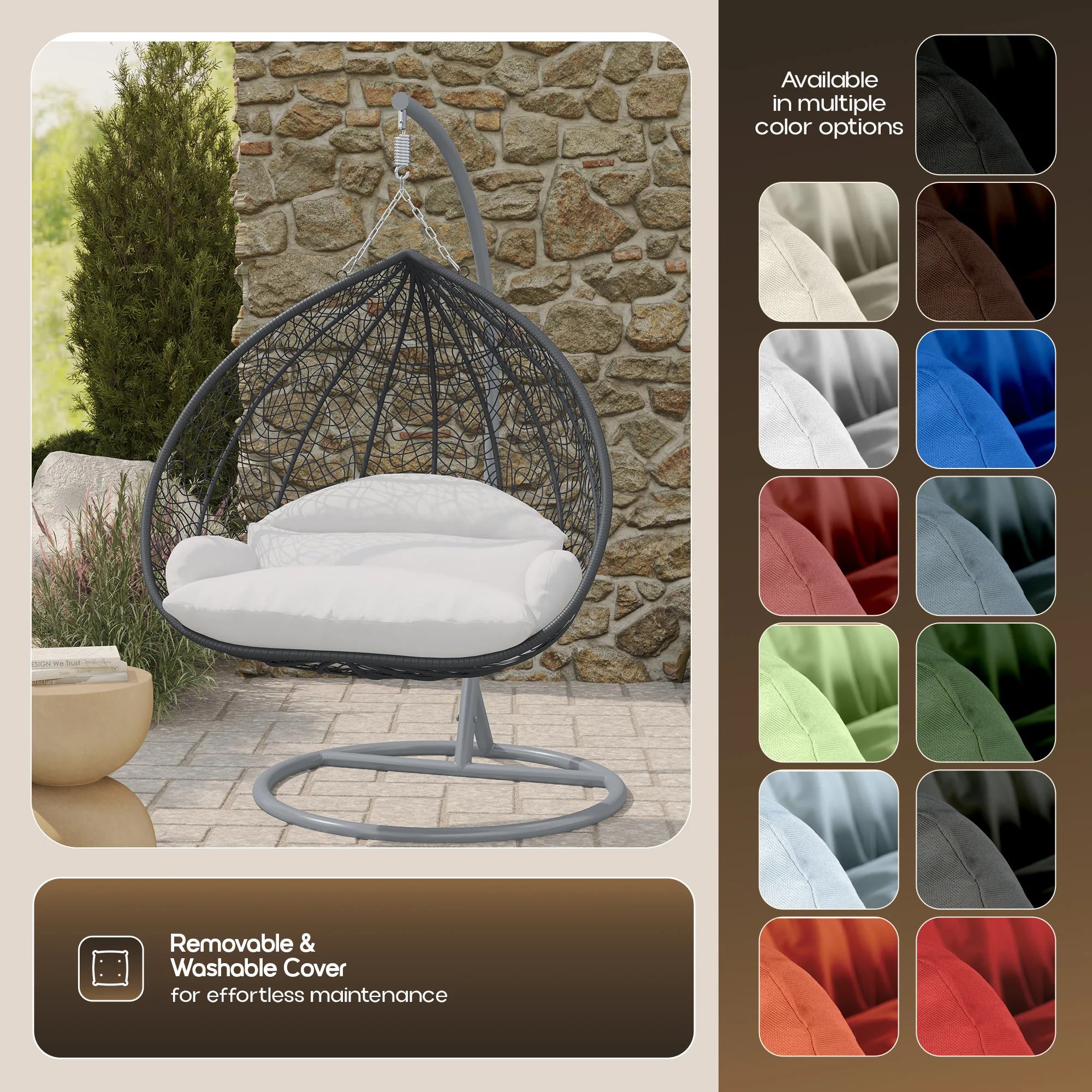 Recluse Collection Modern Outdoor Swing Chair Grey Frame with ES57 White Cushion