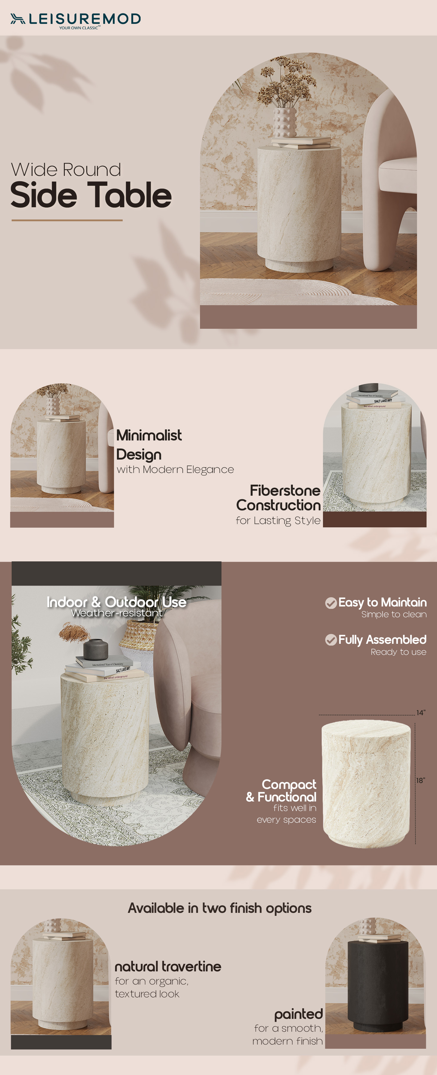 Modern Side End Table Ramble Series In Travertine