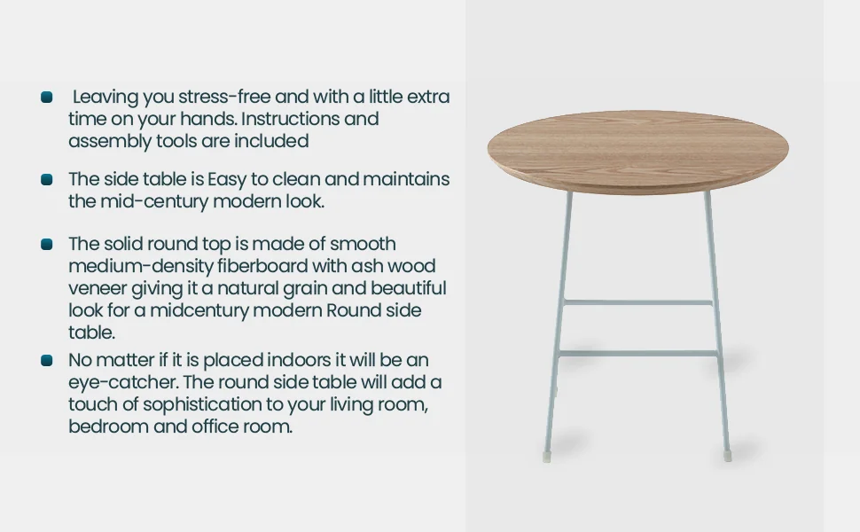 Rossmore Mid Century Modern Round Side Table With White Steel Frame