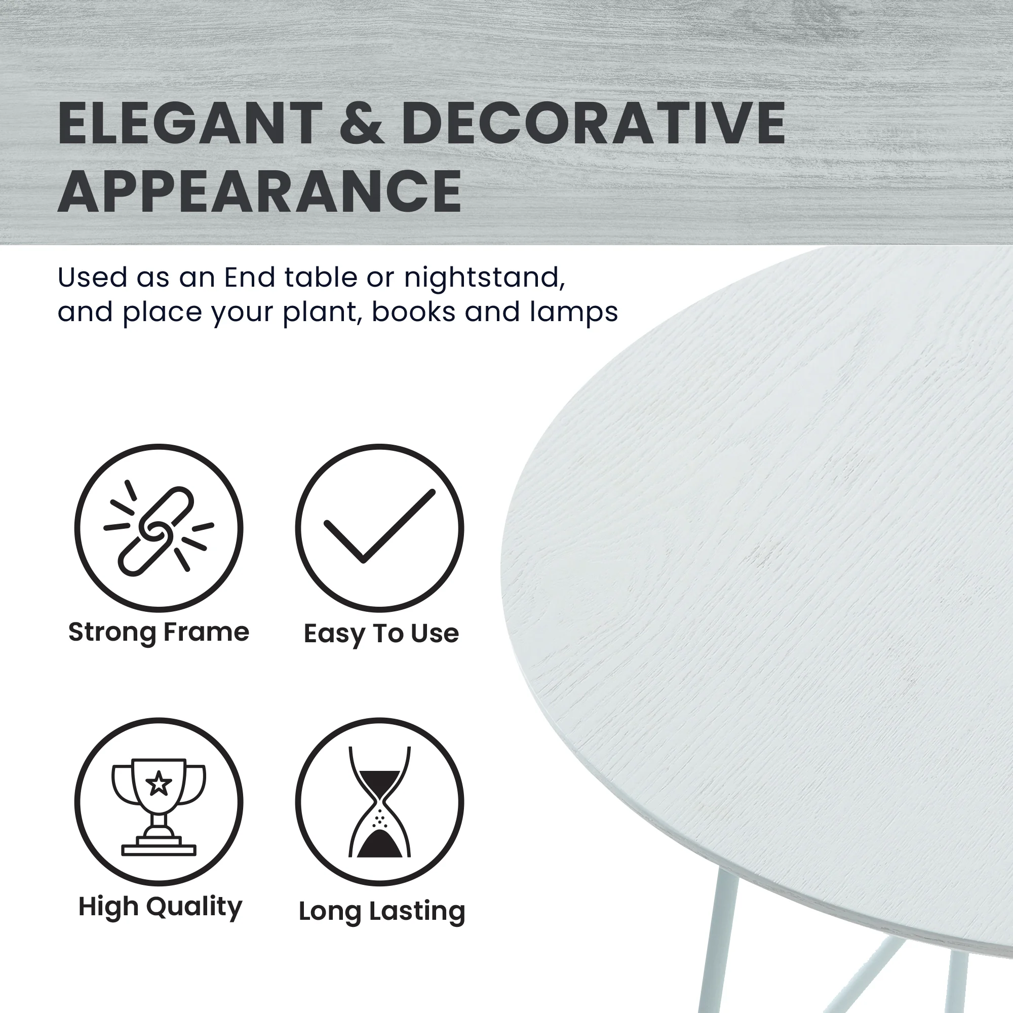 Rossmore Mid Century Modern Round Side Table With White Steel Frame