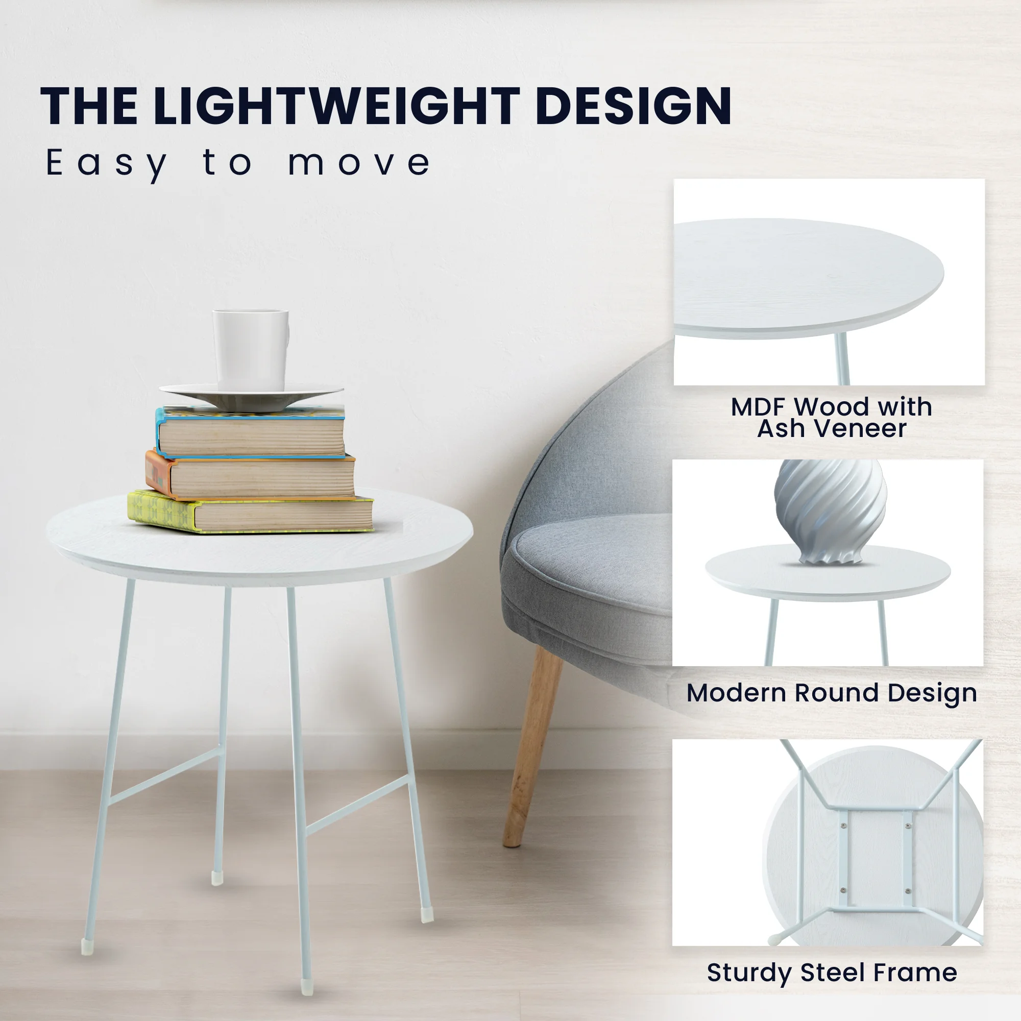 Rossmore Mid Century Modern Round Side Table With White Steel Frame