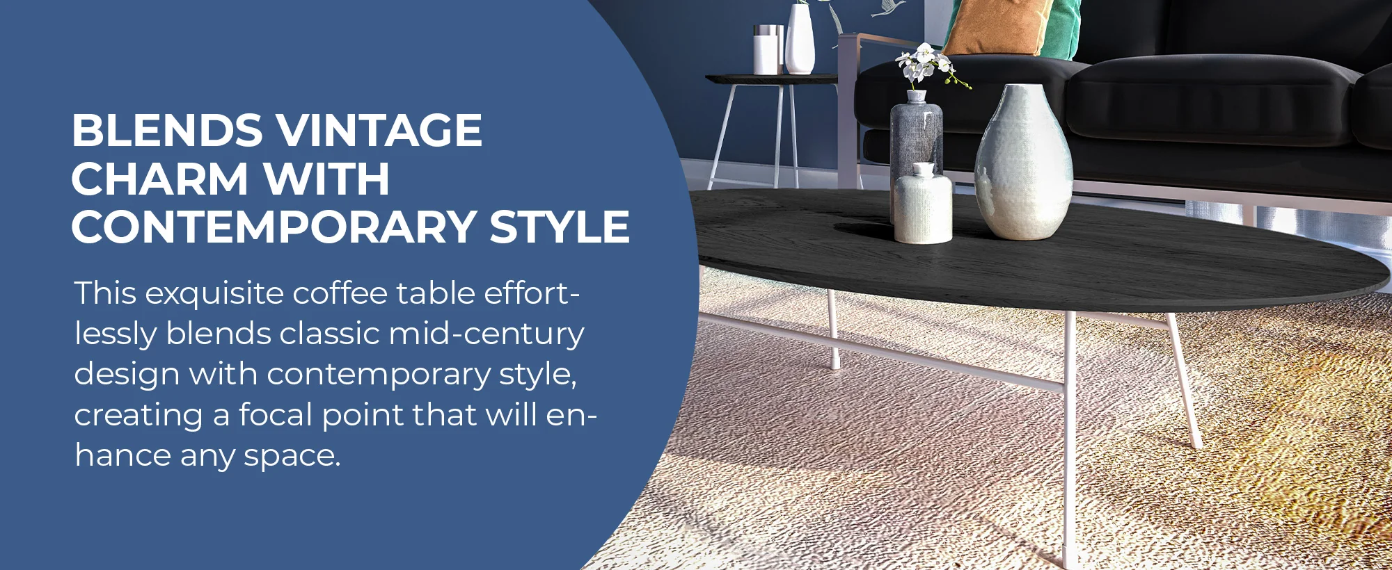 Rossmore Oval Coffee Table with Ash Veneer Top and White Powder Coated Steel Frame in Black