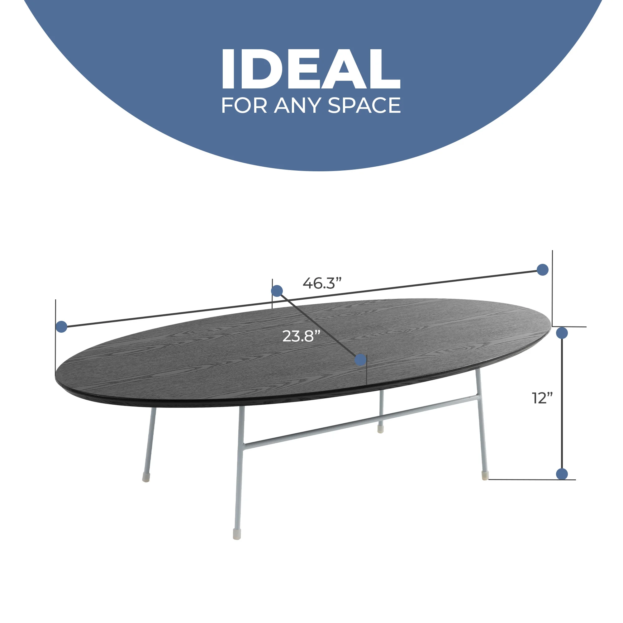 Rossmore Oval Coffee Table with Ash Veneer Top and White Powder Coated Steel Frame in Black