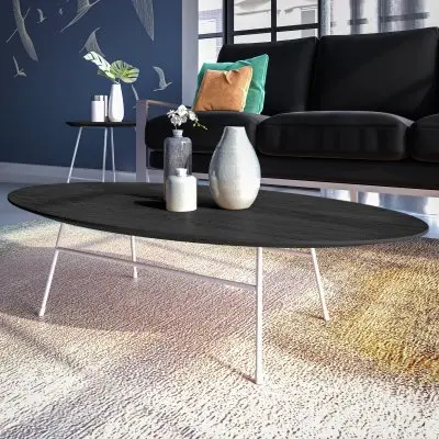 Rossmore Oval Coffee Table with Ash Veneer Top and White Powder Coated Steel Frame in Black