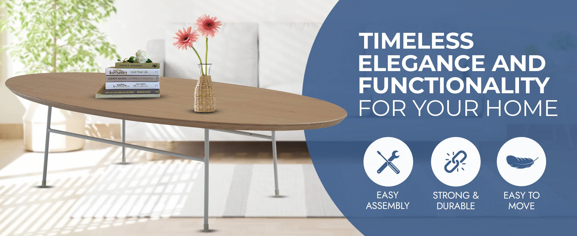 Rossmore Oval Coffee Table with Ash Veneer Top and White Powder Coated Steel Frame in Natural Wood