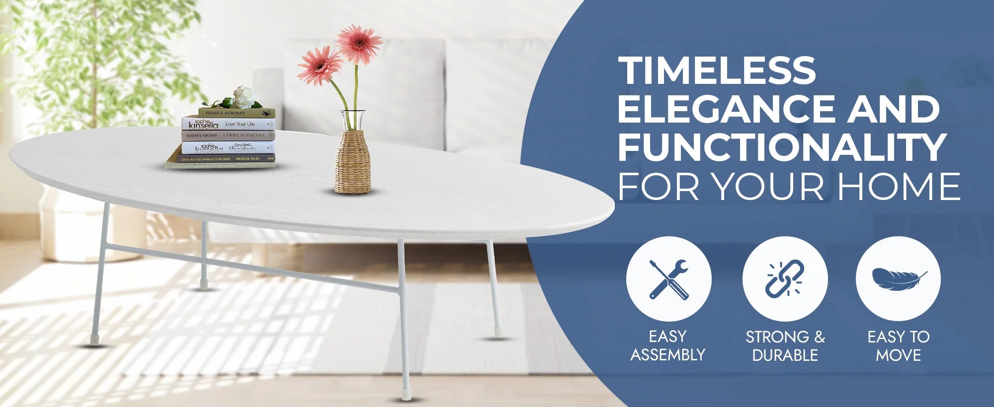 Rossmore Oval Coffee Table with Ash Veneer Top and White Powder Coated Steel Frame in White