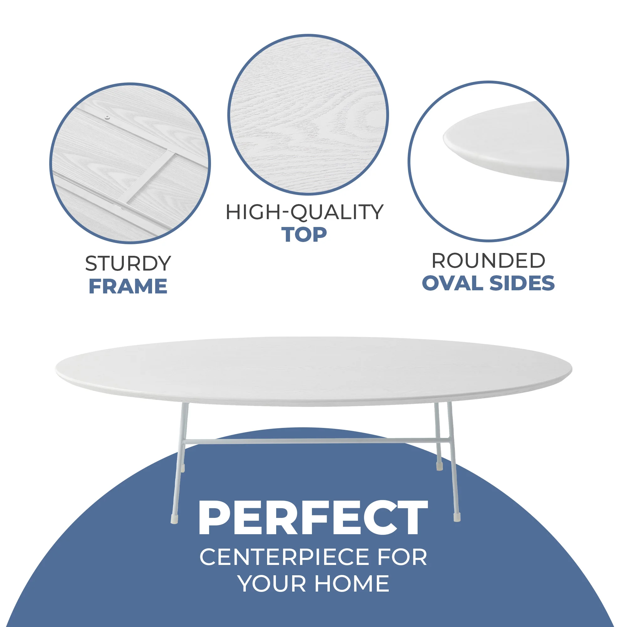 Rossmore Oval Coffee Table with Ash Veneer Top and White Powder Coated Steel Frame in White