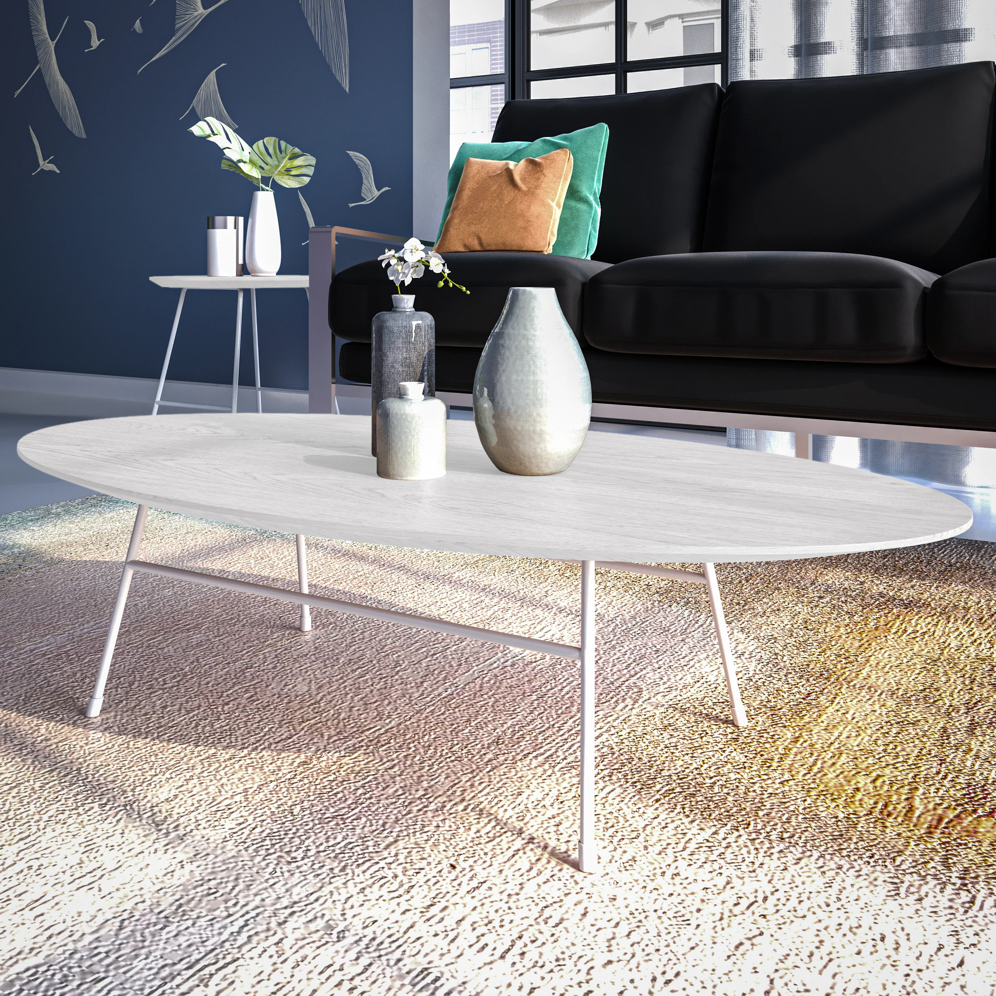 Rossmore Oval Coffee Table with Ash Veneer Top and White Powder Coated Steel Frame in White