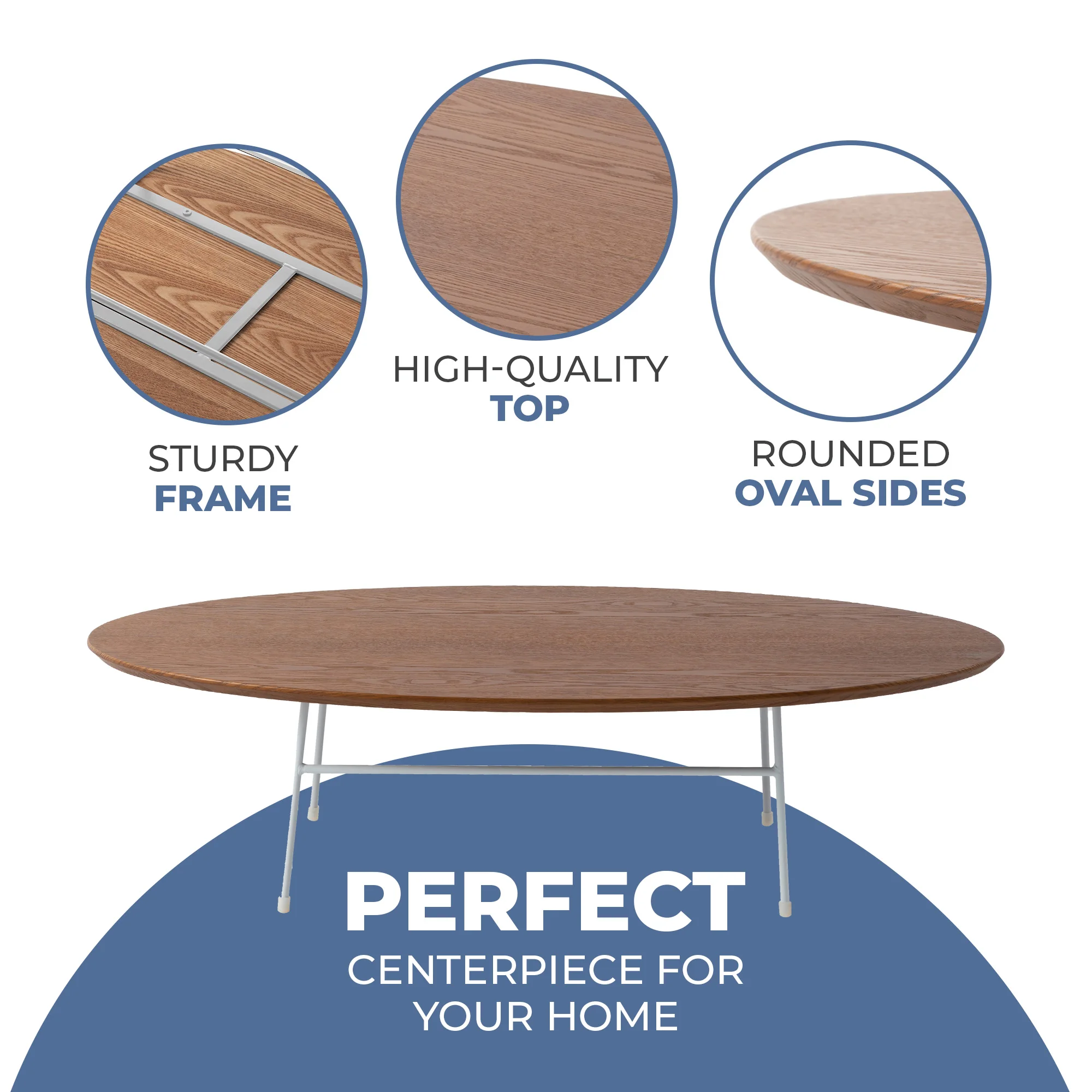 Rossmore Oval Coffee Table with Ash Veneer Top and White Powder Coated Steel Frame in Walnut