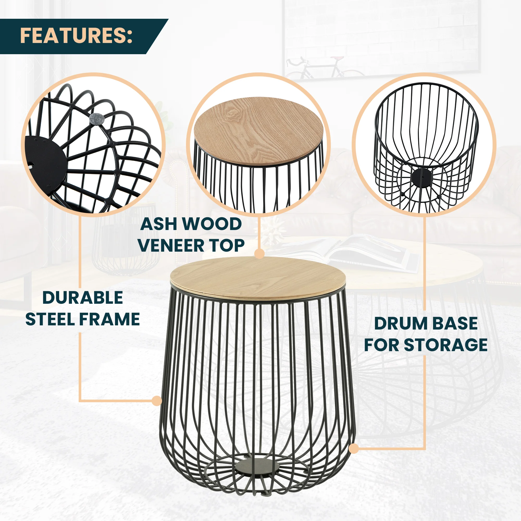 Runswick Modern Wood Top End Table With Metal Base in Natural Wood