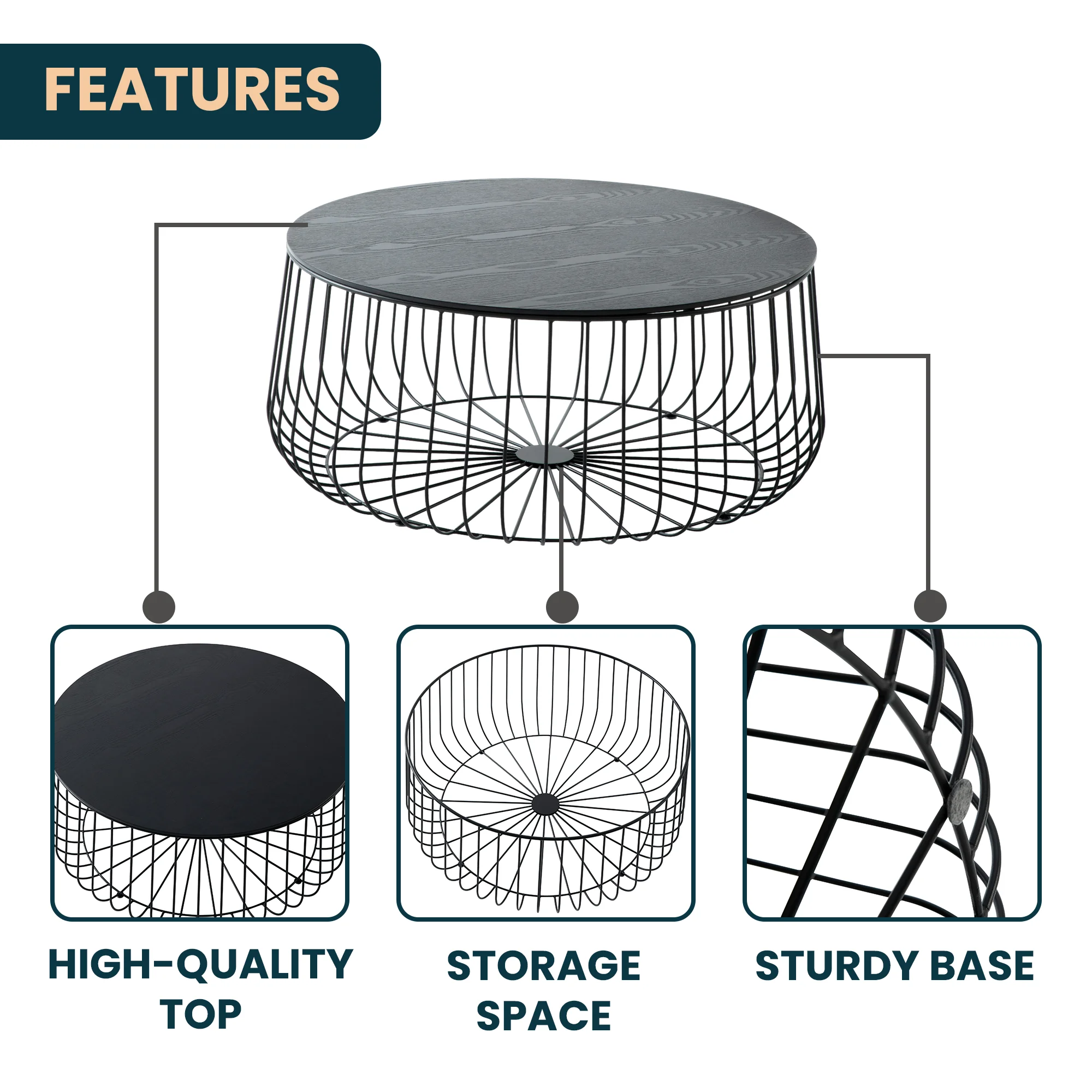 Runswick Modern Wood Top Coffee Table With Metal Base