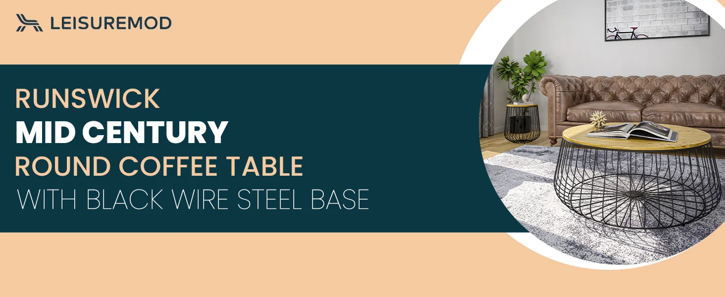 Runswick Modern Wood Top Coffee Table With Metal Base