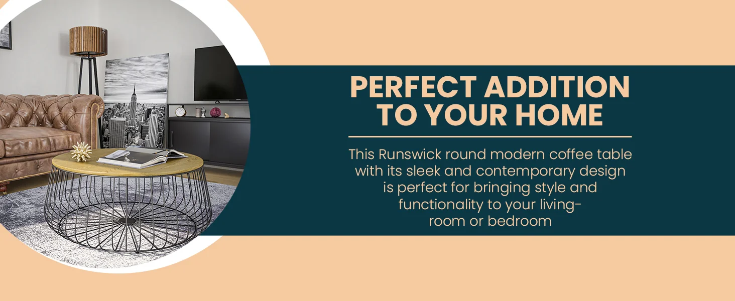 Runswick Modern Wood Top Coffee Table With Metal Base