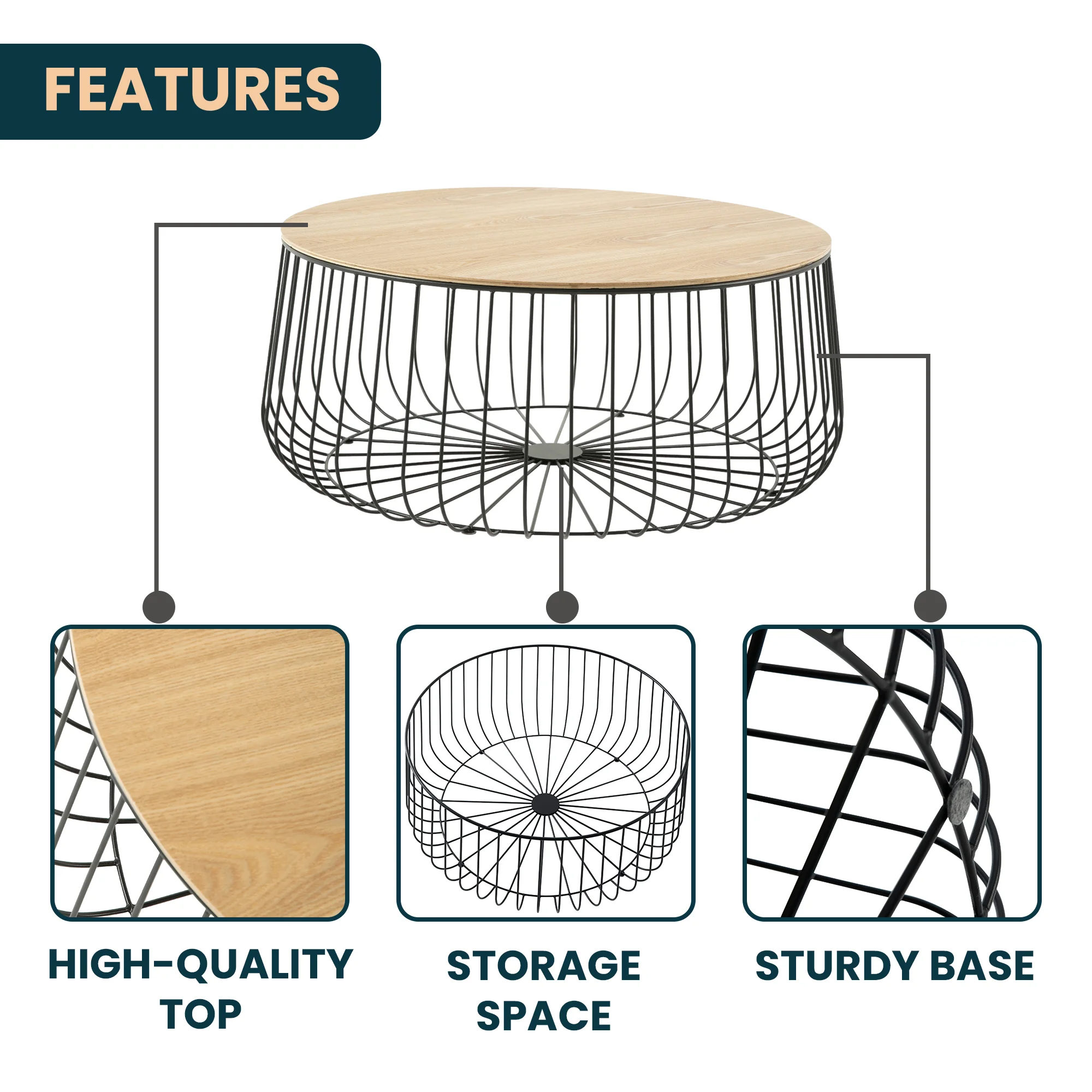 Runswick Modern Wood Top Coffee Table With Metal Base