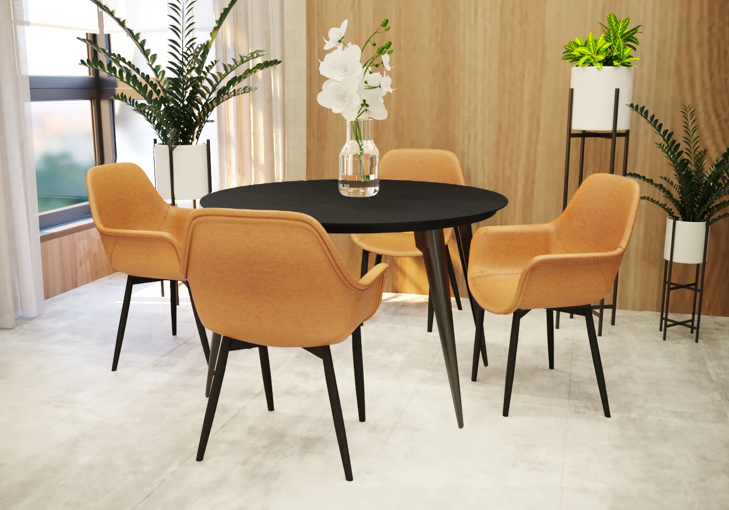 5-Piece Dining Set 47" Round Dining Table 4 Leather Dining Chairs in Ebony/Light Brown
